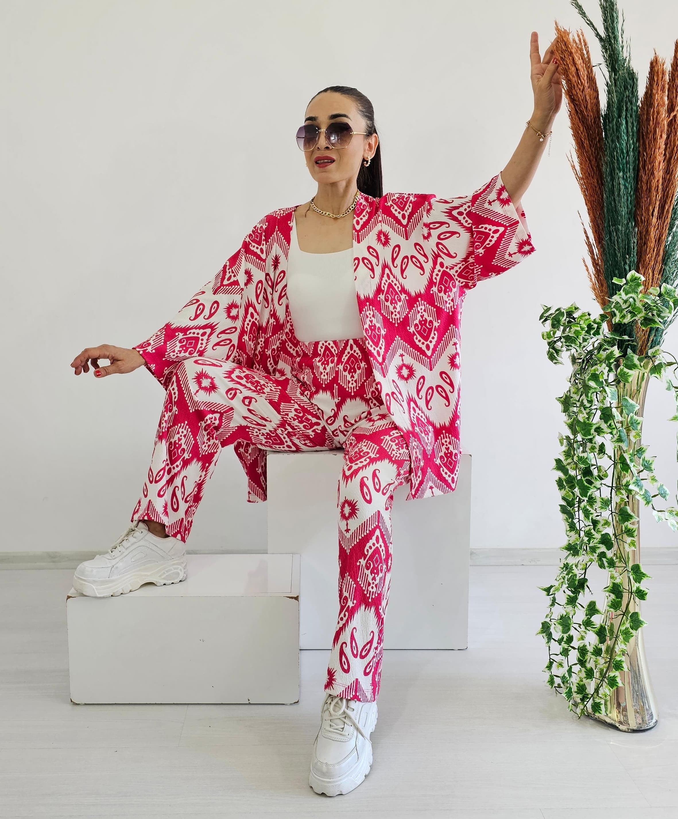 Tam Bel Boru Paça Desenli Kimono Takımı - FUŞYA