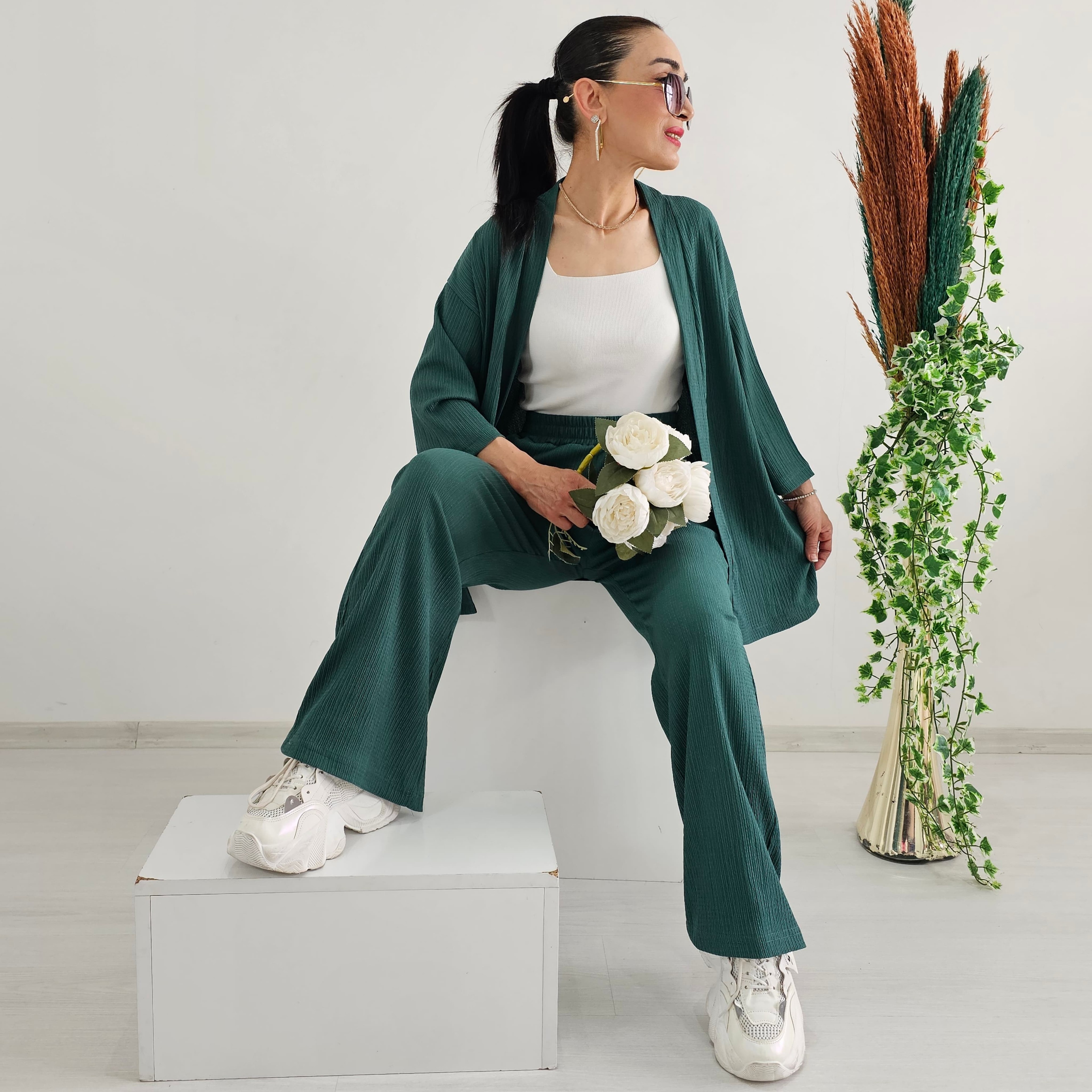 Bürümcek Kumaş Geniş Paça İkili Kimono Takımı - PETROL YEŞİLİ
