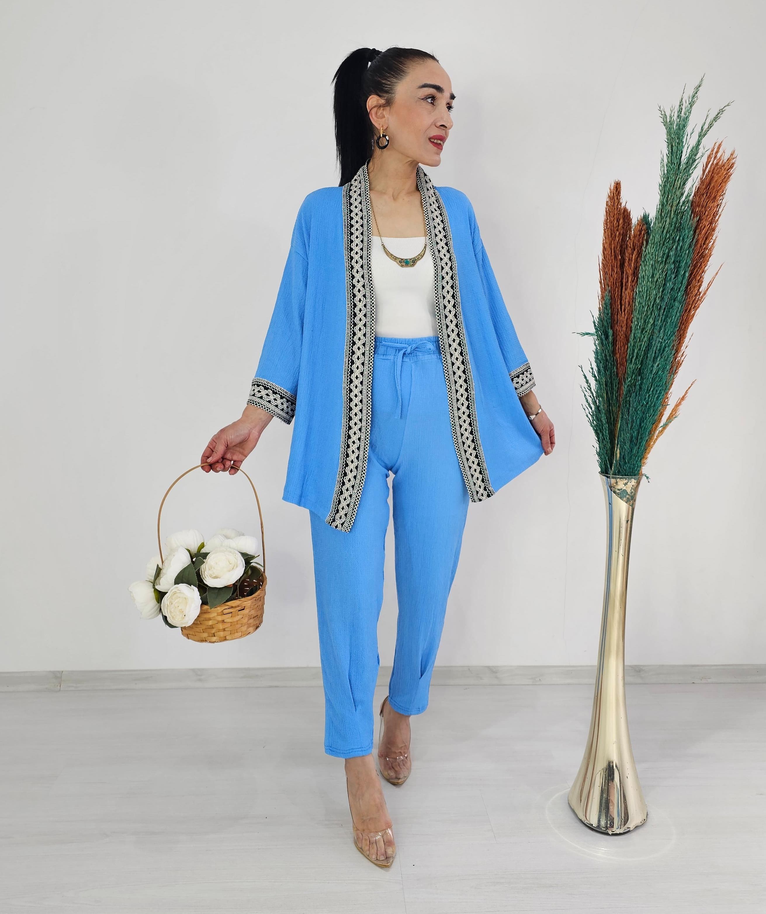 Dar Paça Pileli  Nakışlı Kimono Takımı - BEBE MAVİ