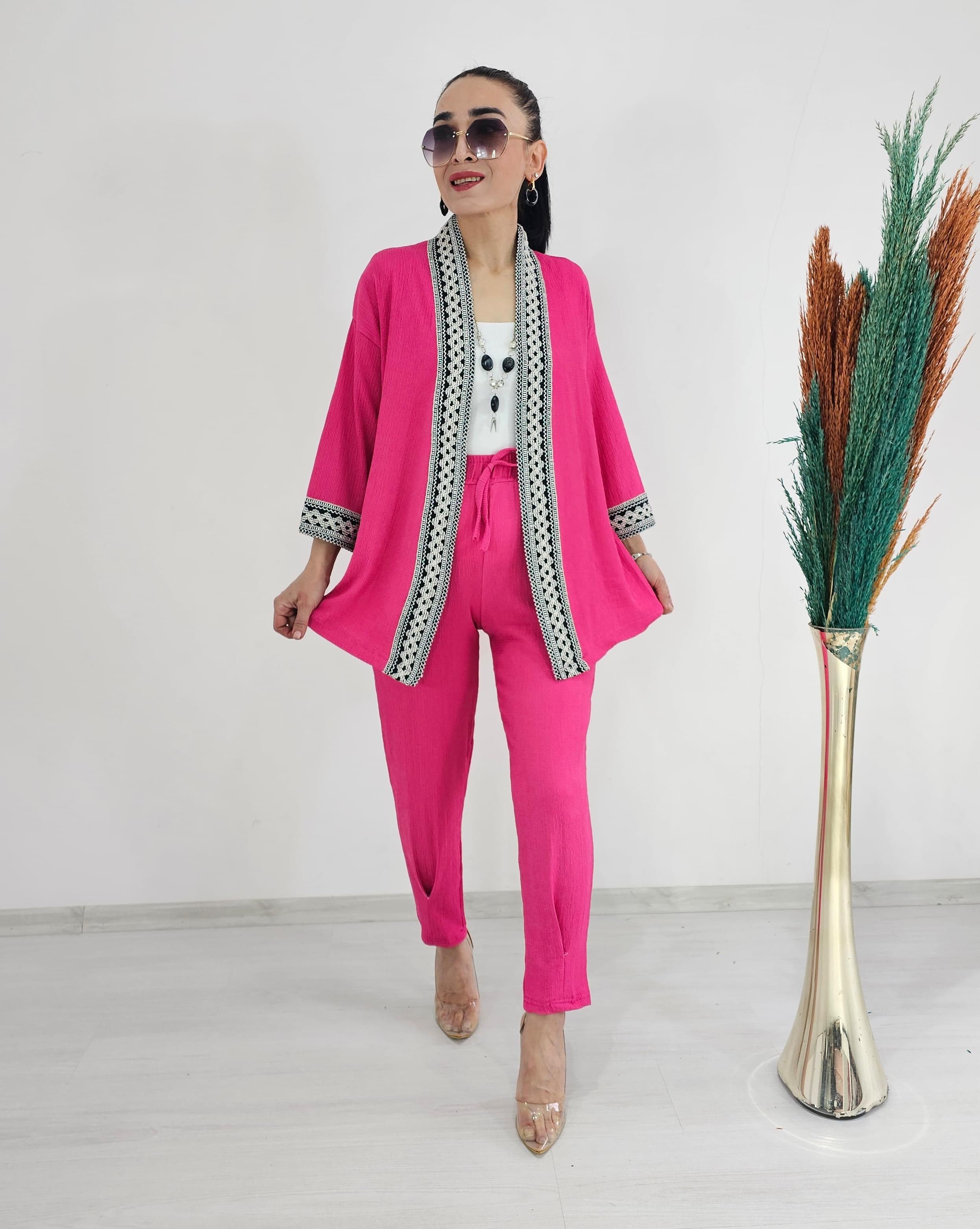Dar Paça Pileli  Nakışlı Kimono Takımı - FUŞYA