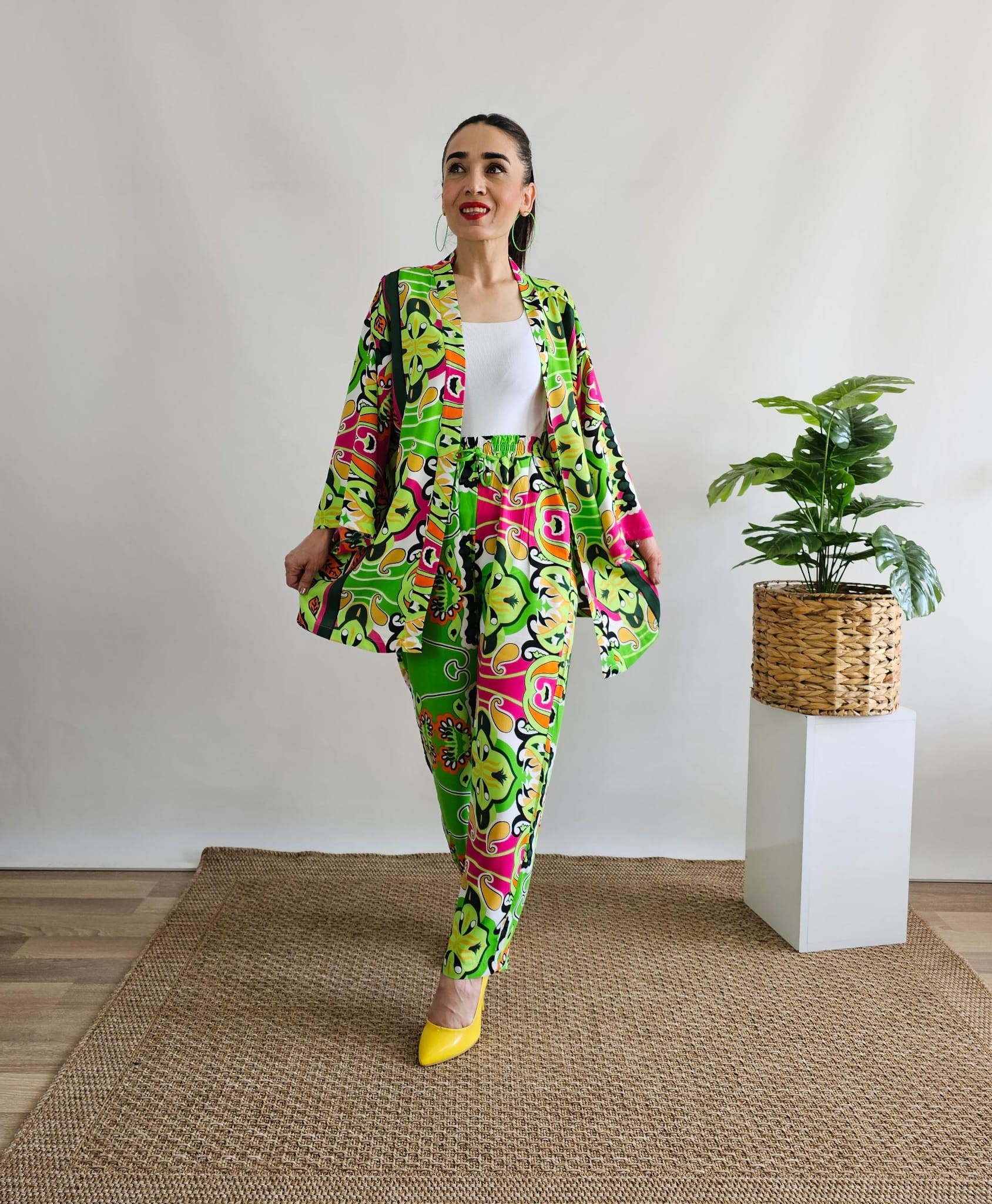 New Etnik Desen Şalvar Kimono Takımı  - YEŞİL