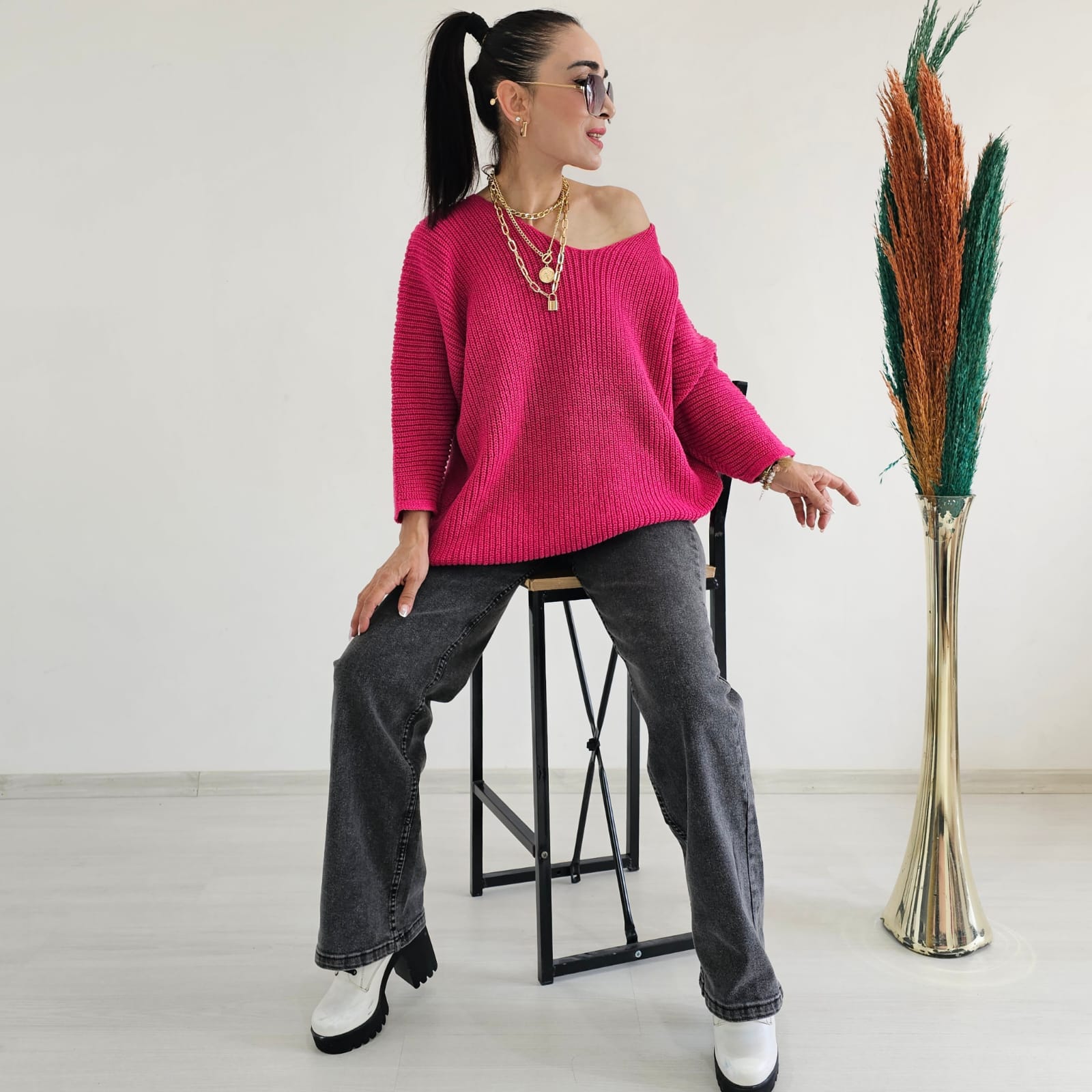 Yarasa Kol Örme Kazak - Pembe