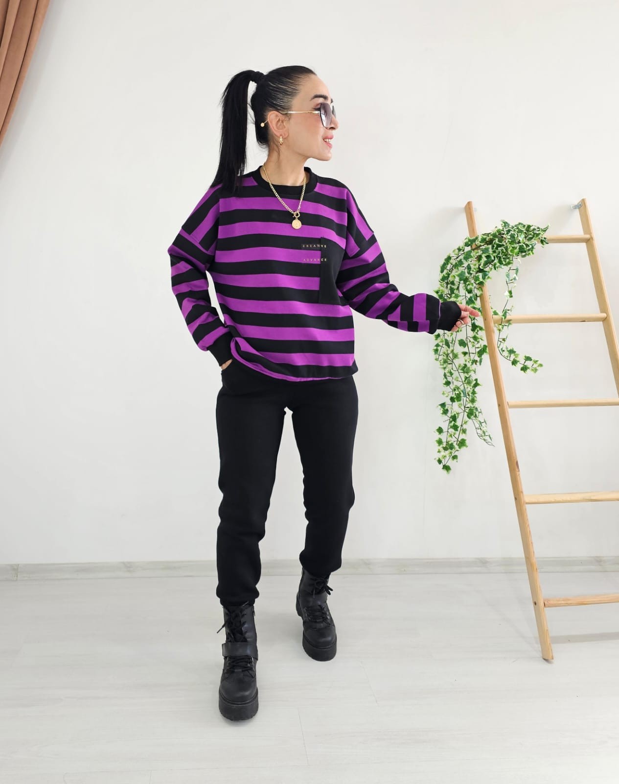 Çizgili Cep Detay Sweatshirt - MOR