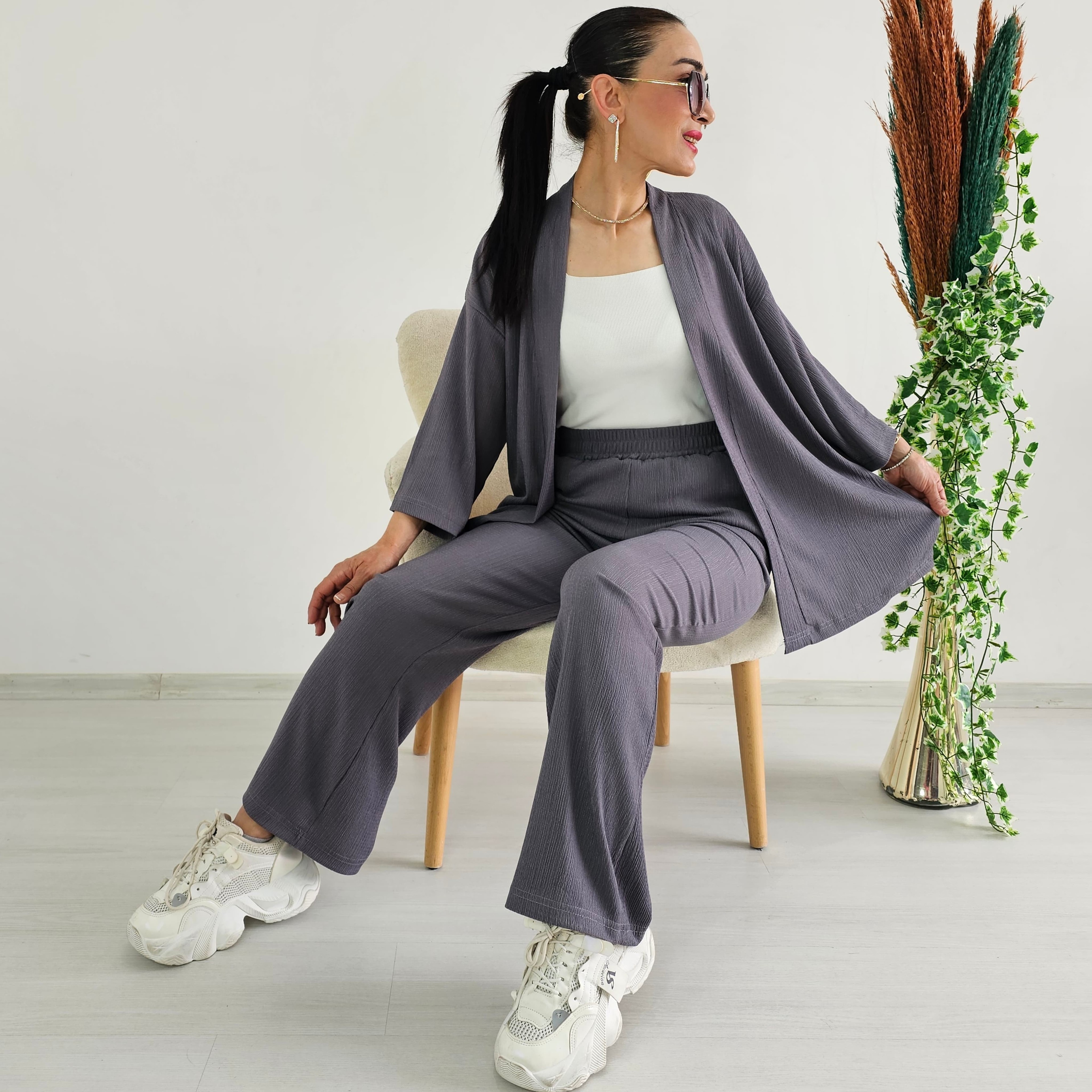 Bürümcek Kumaş Geniş Paça İkili Kimono Takımı - GRİ