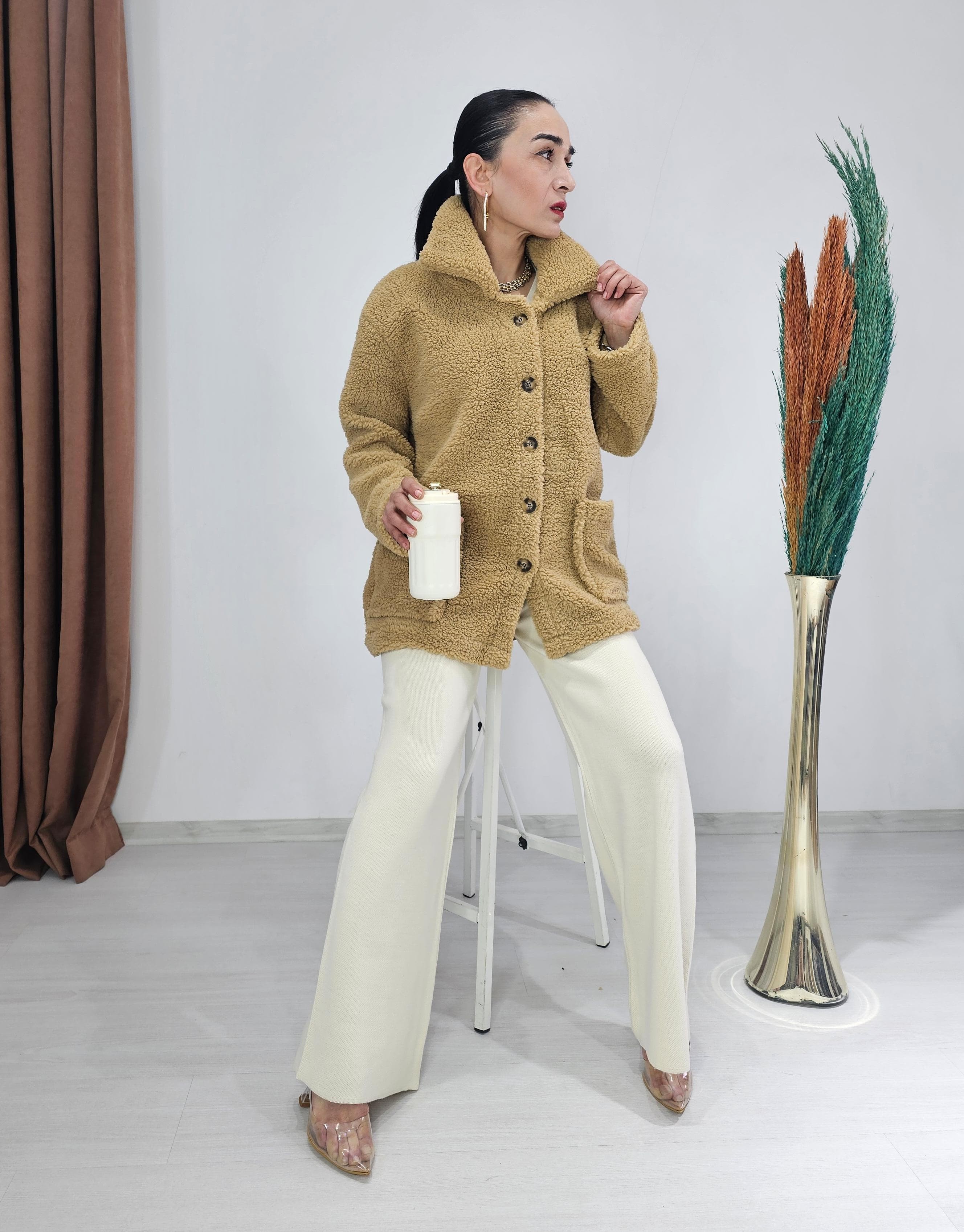 Peluş Cep Detay Ceket - CAMEL