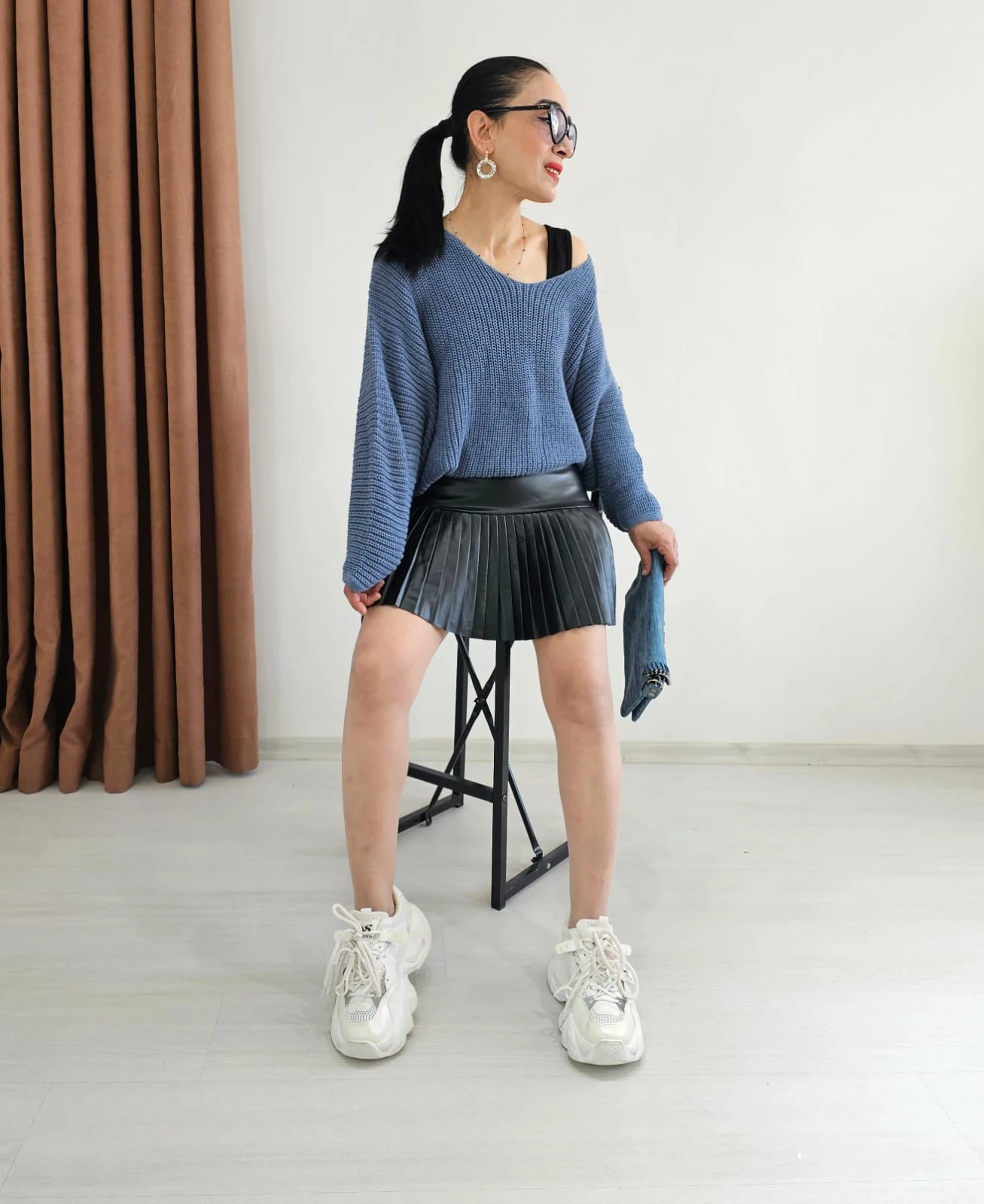 Yarasa Kol Örme Kazak - Mavi