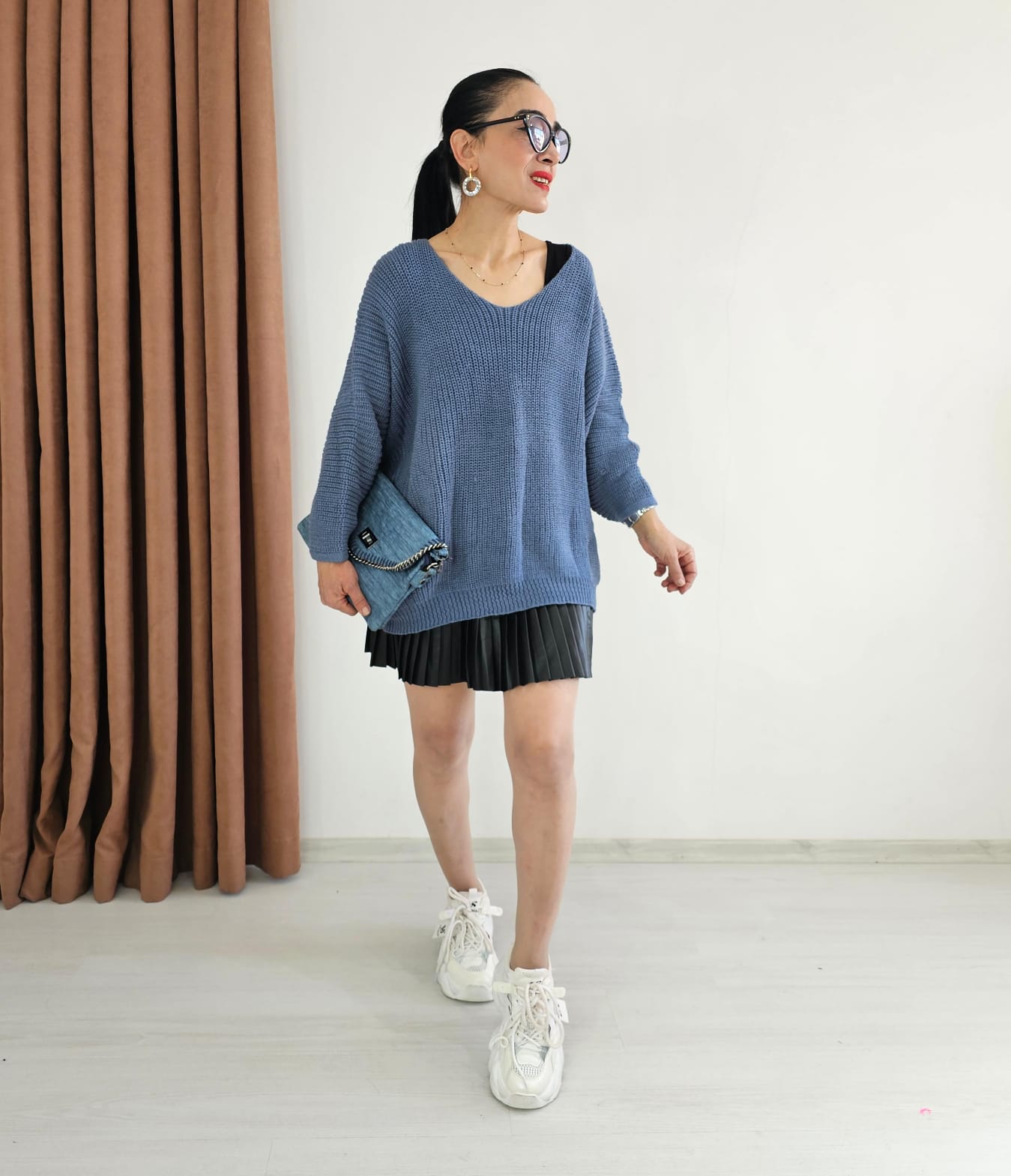 Yarasa Kol Örme Kazak - Mavi