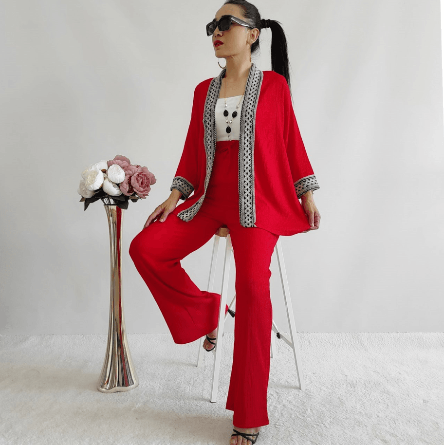 Nakışlı Geniş paça Kimono Takım - KIRMIZI