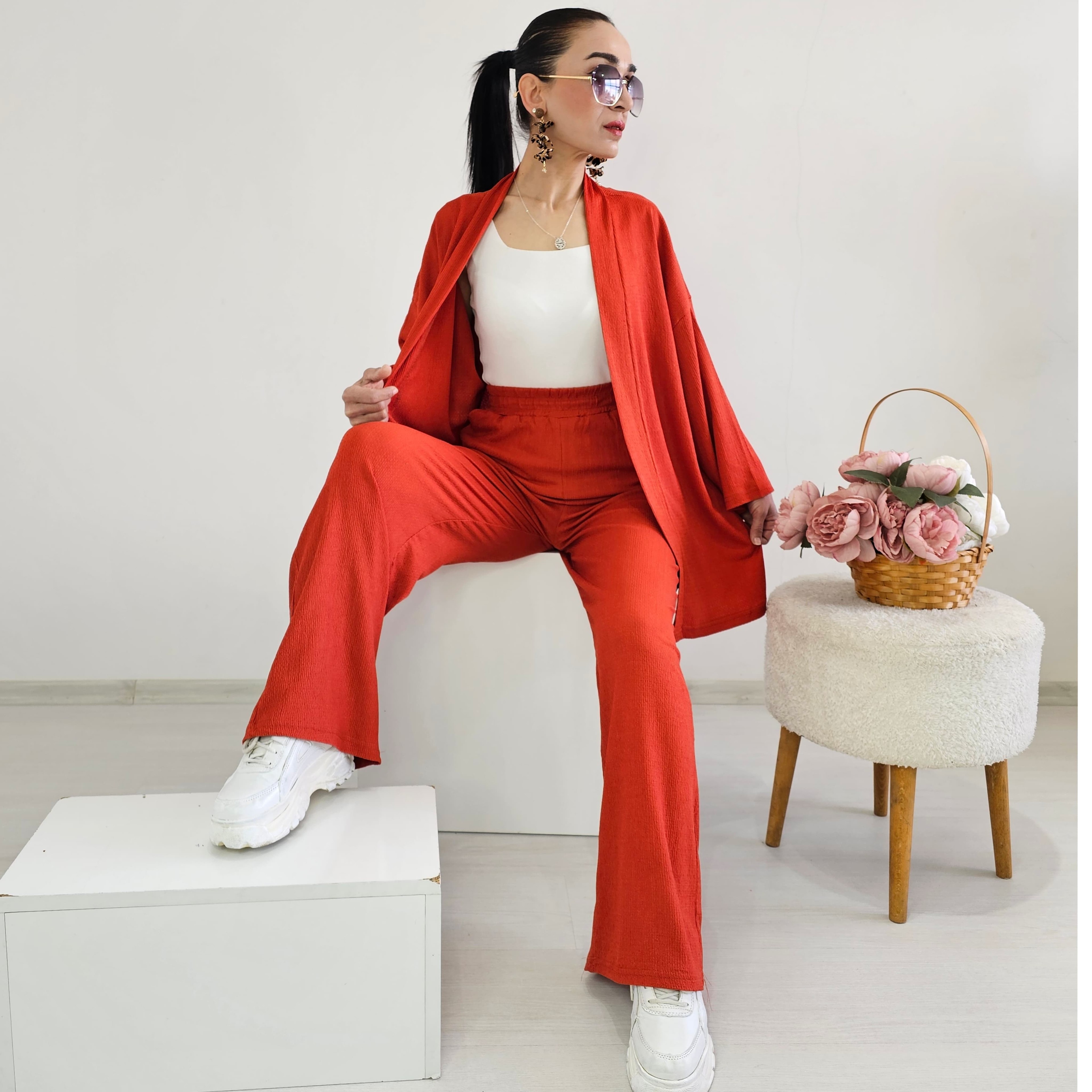 Bürümcek Kumaş Geniş Paça İkili Kimono Takımı - KİREMİT