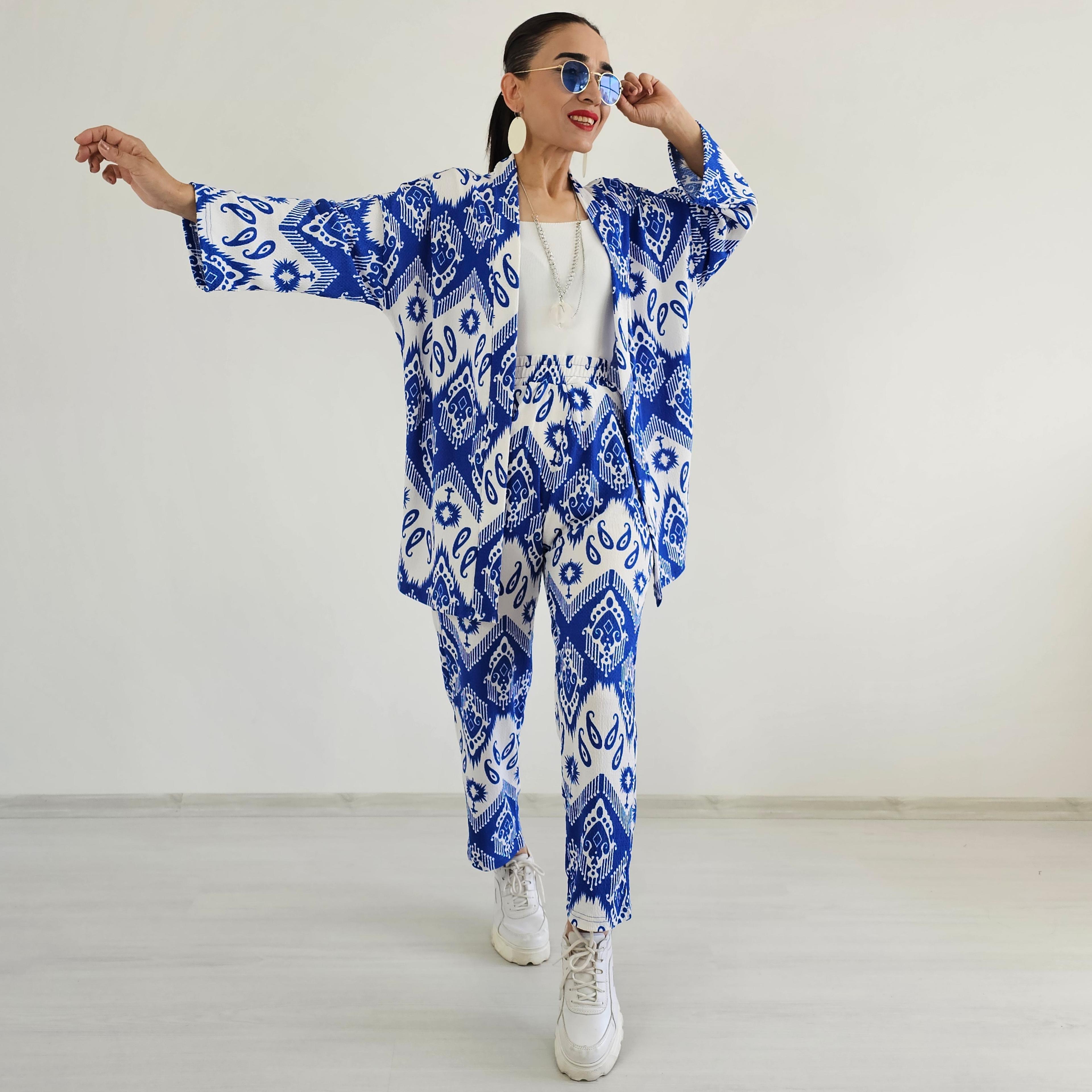 Dar Desenli Kimono Takımı - Mavi
