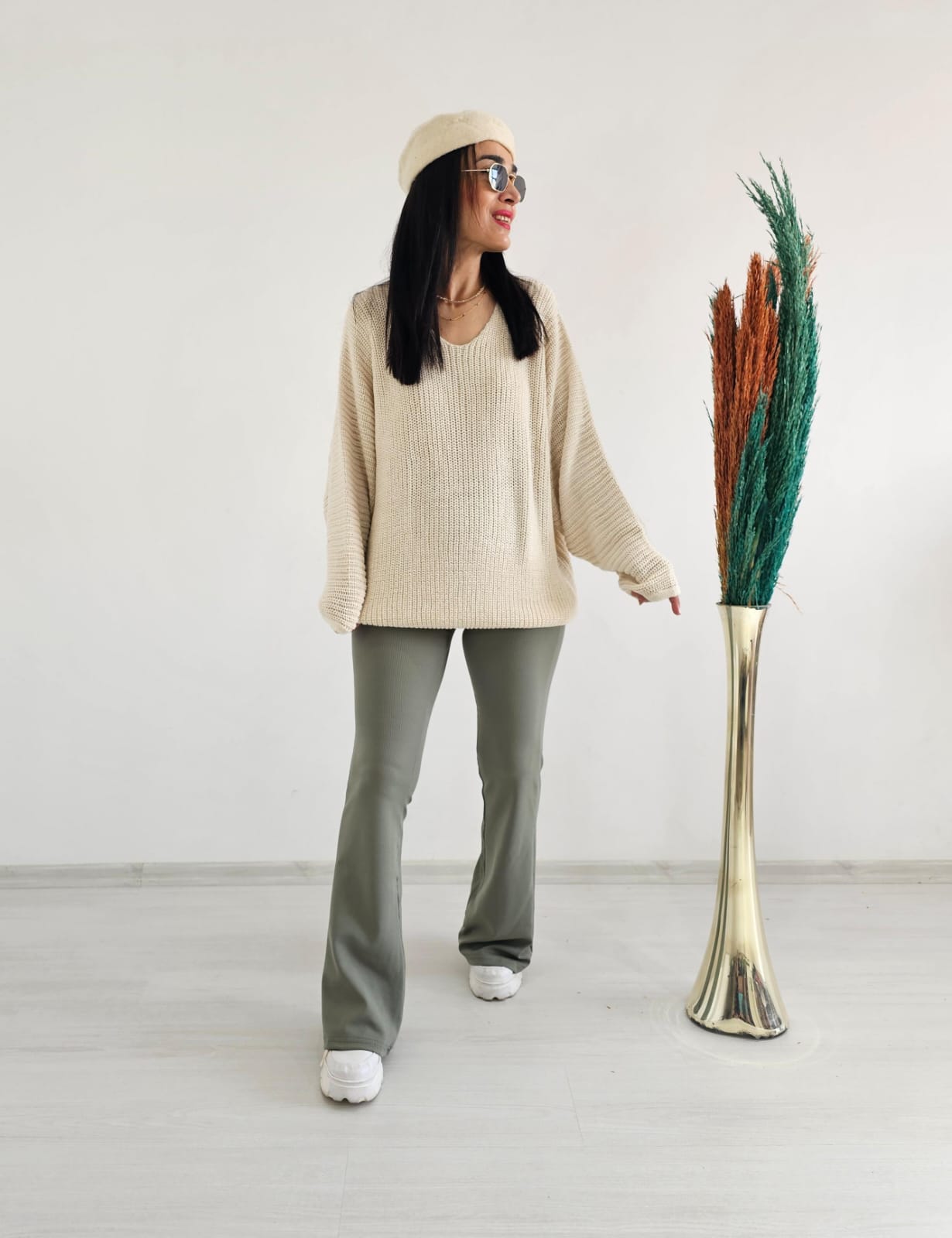 Yarasa Kol Örme Kazak - Krem