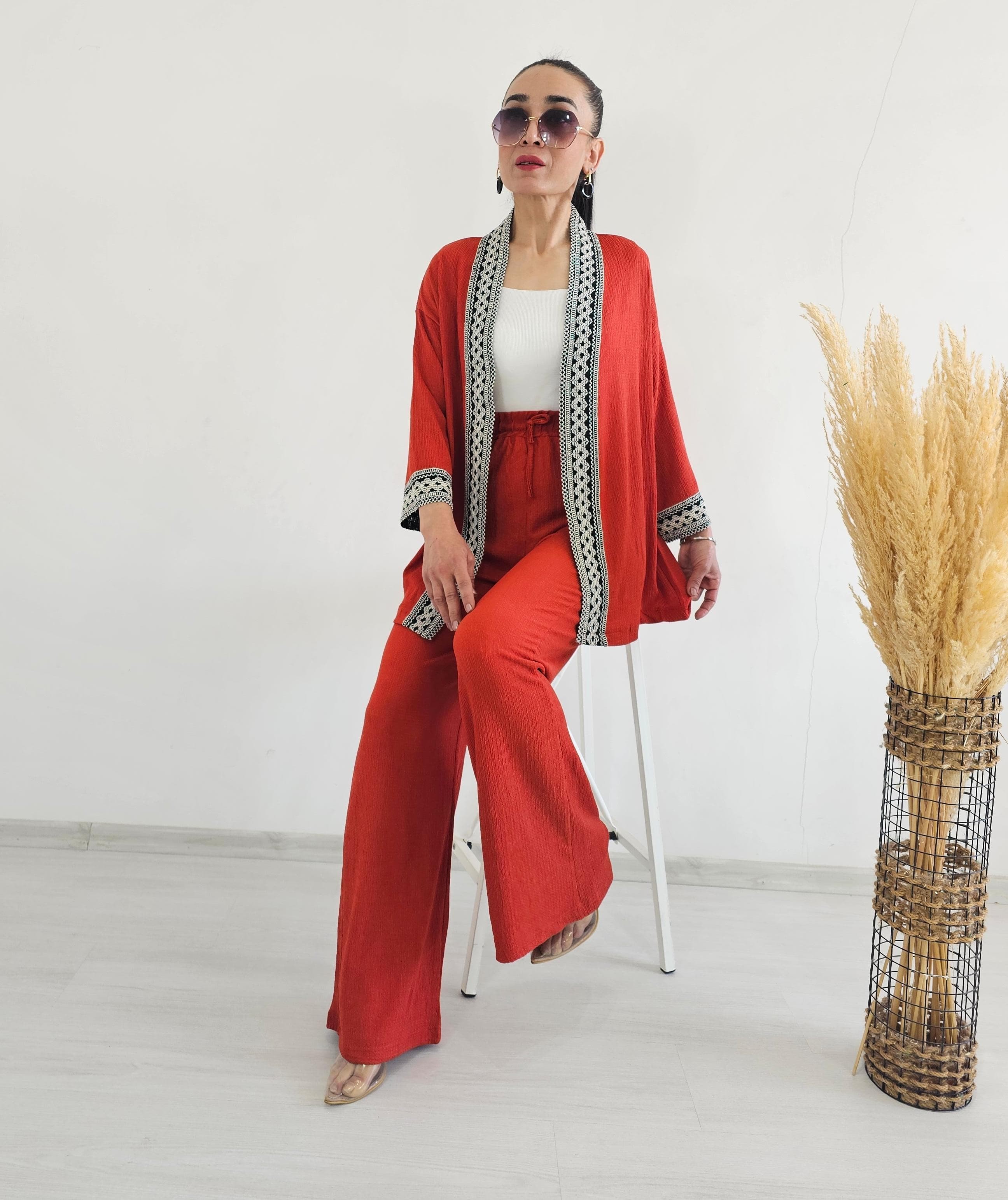 Nakışlı Geniş paça Kimono Takım