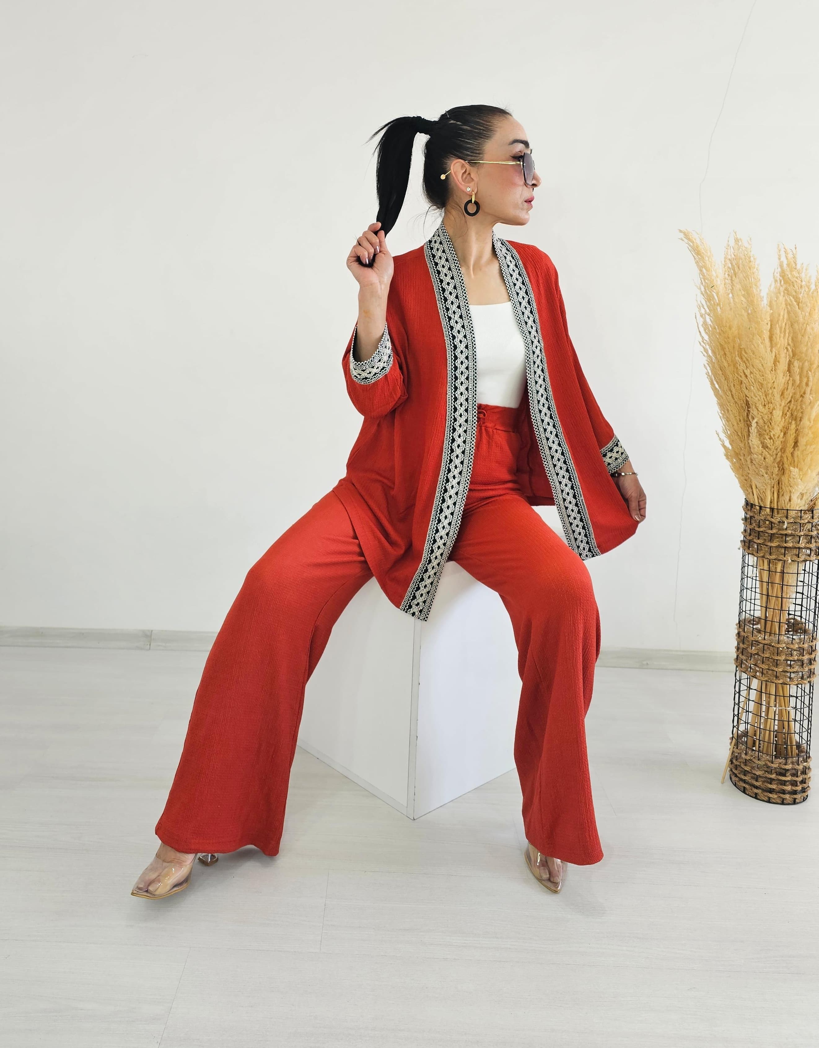 Nakışlı Geniş paça Kimono Takım