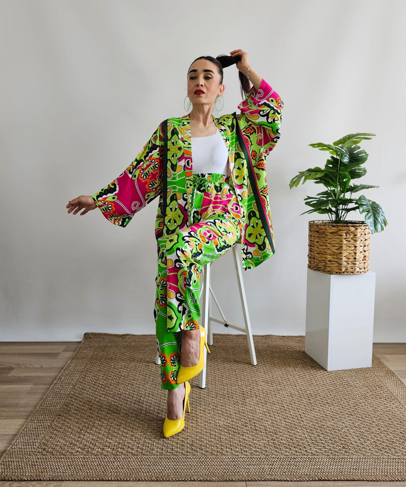 New Etnik Desen Şalvar Kimono Takımı  - YEŞİL
