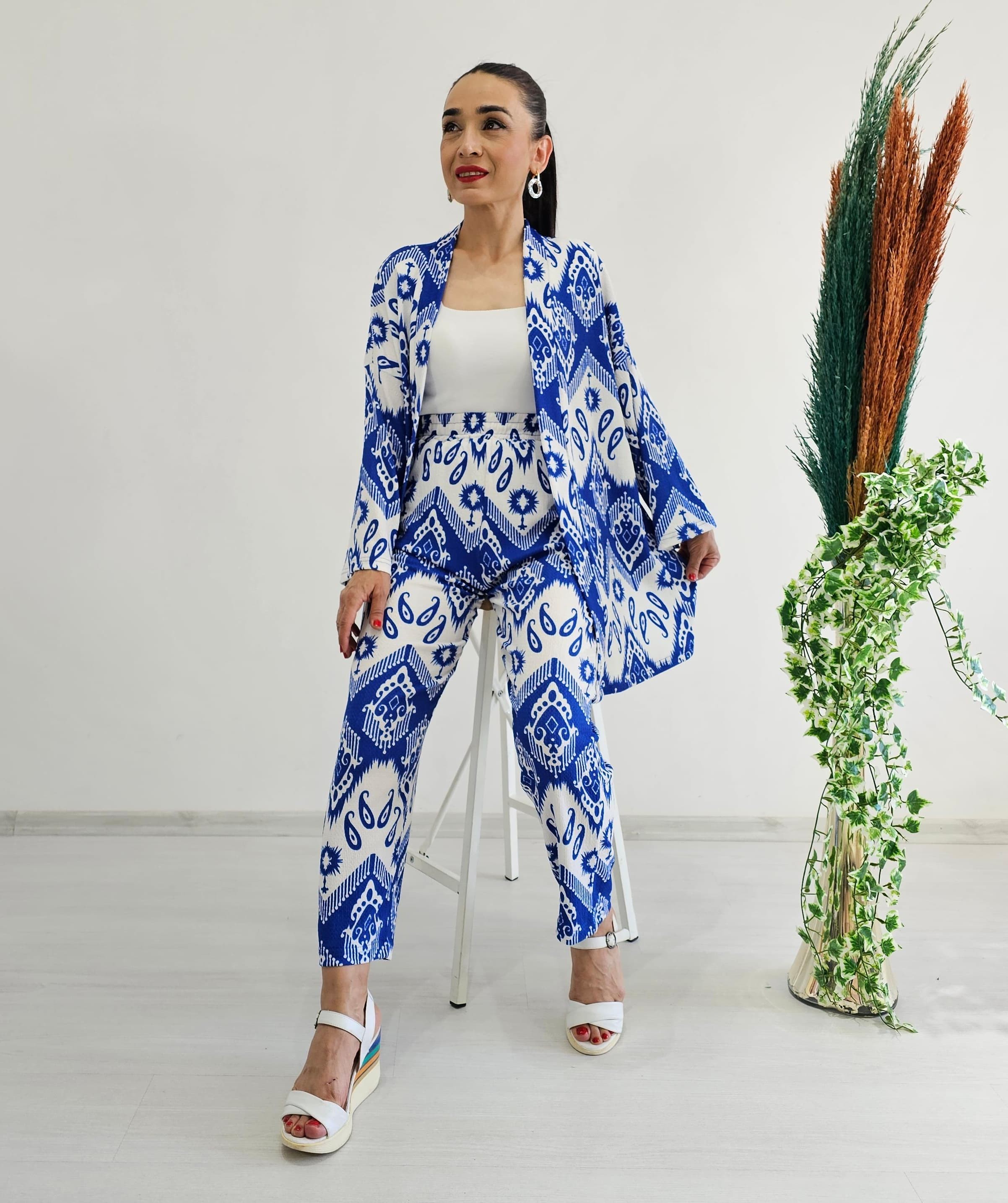Dar Desenli Kimono Takımı - Mavi