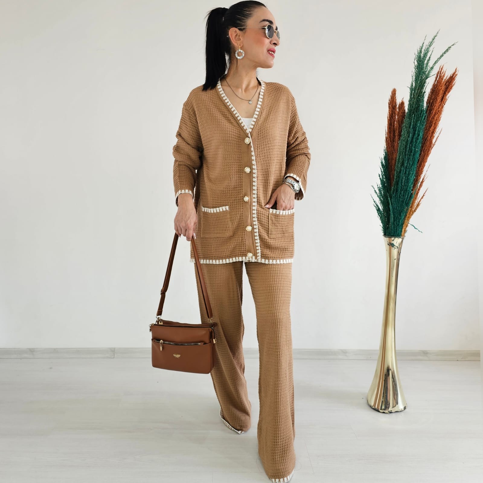 İşlemeli Kroşetalı İkili Cotton Takım - CAMEL