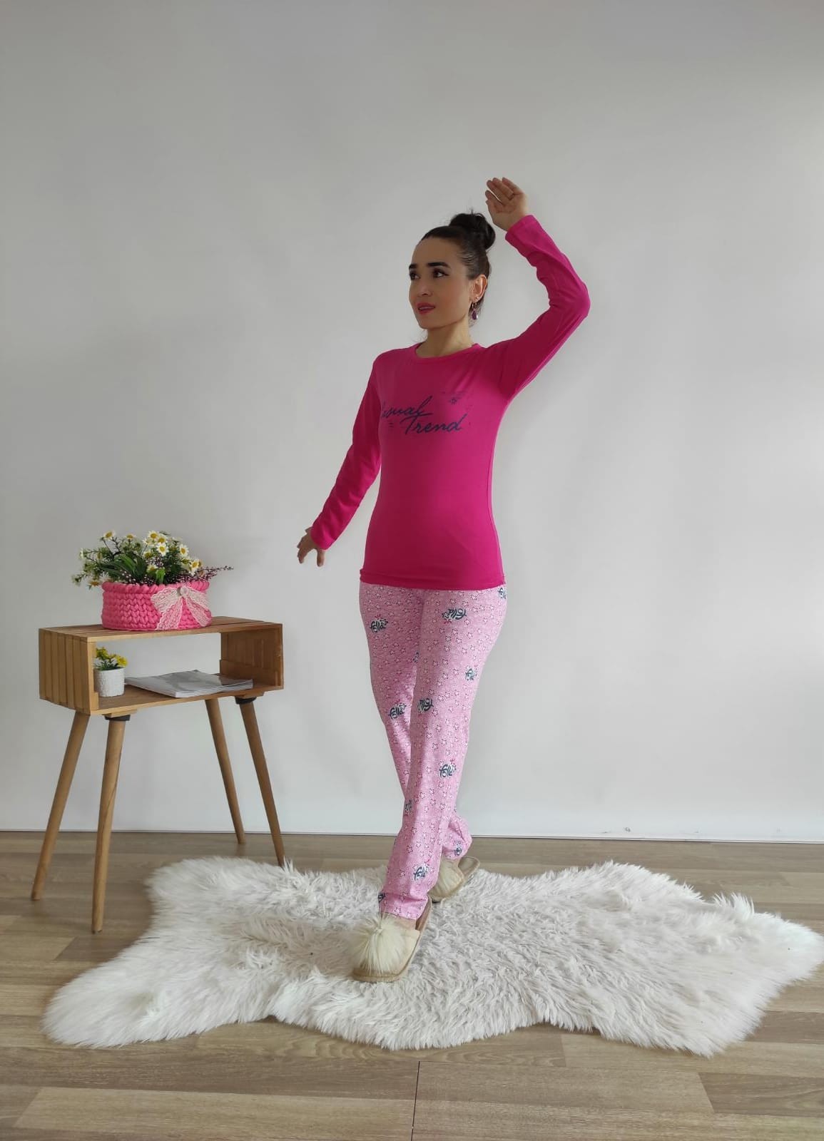 Trend Baskı Pijama Takımı-fuşya