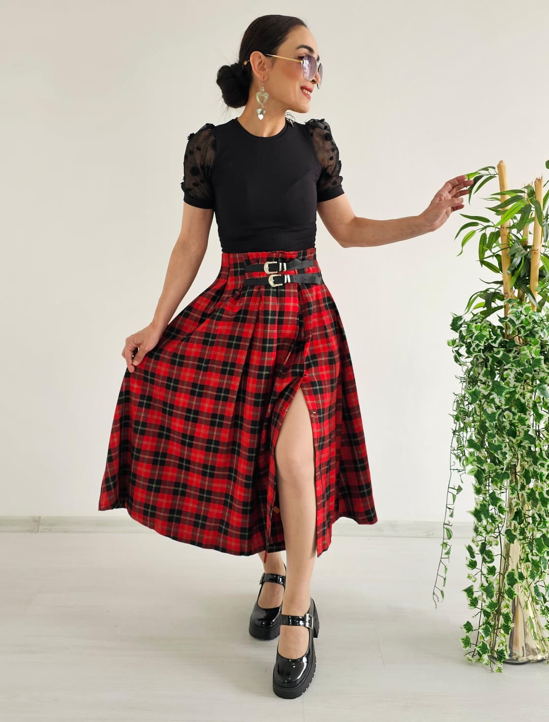 Kemerli Ekose Etek - KIRMIZI