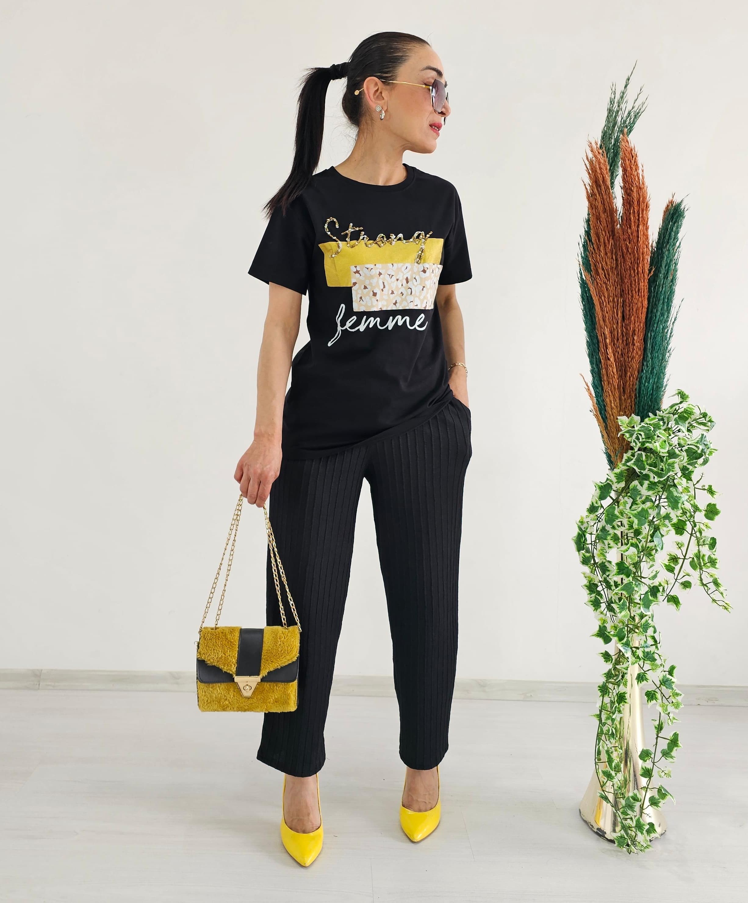 Fitilli Örme İp Detay Pantolon  - SİYAH