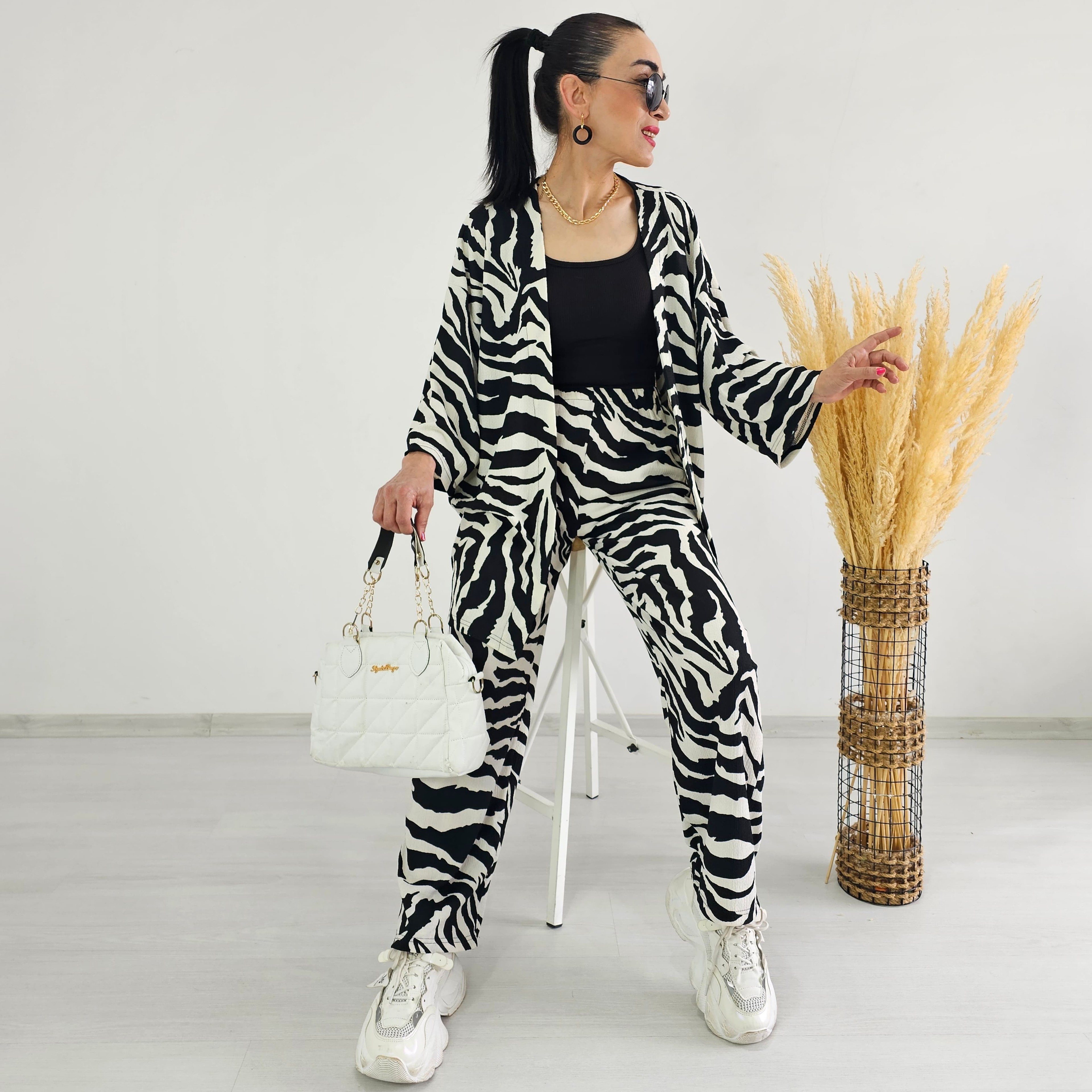 Tam bel Zebra Desen Kimono Takımı - SİYAH