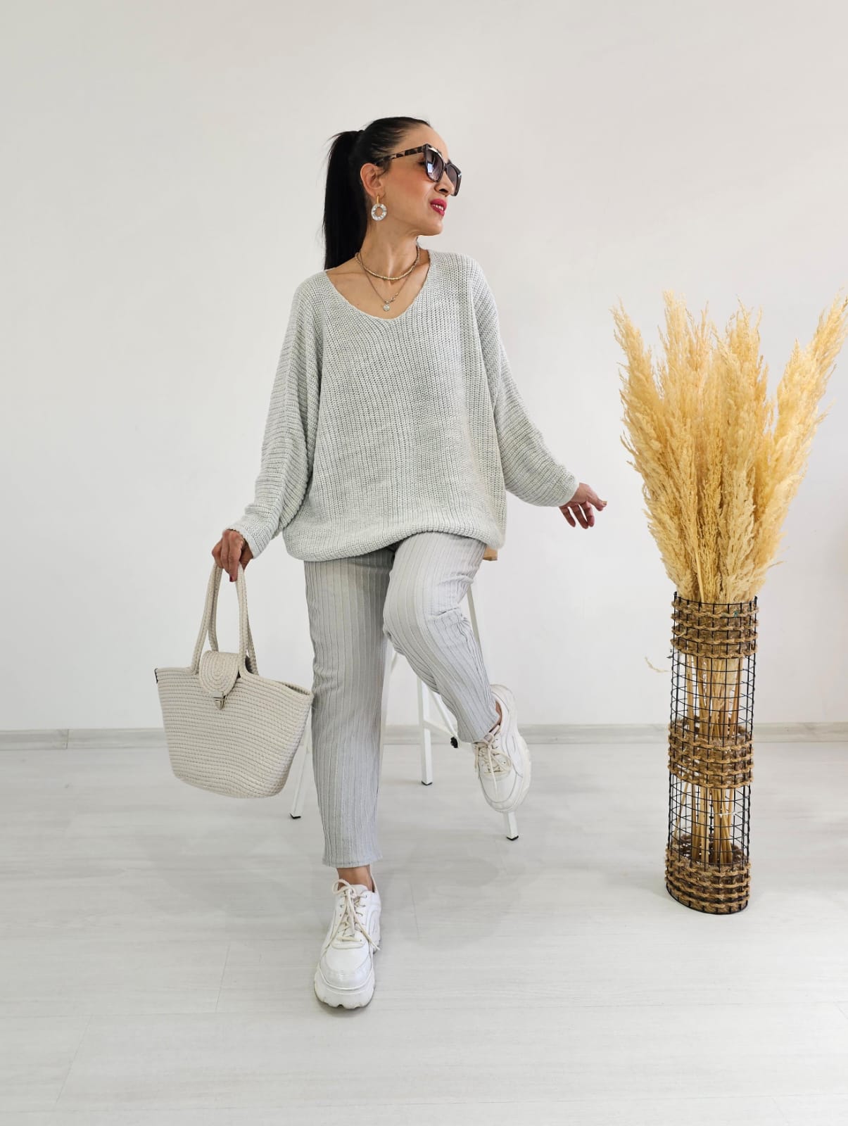 Yarasa Kol Örme Kazak - Kül Rengi