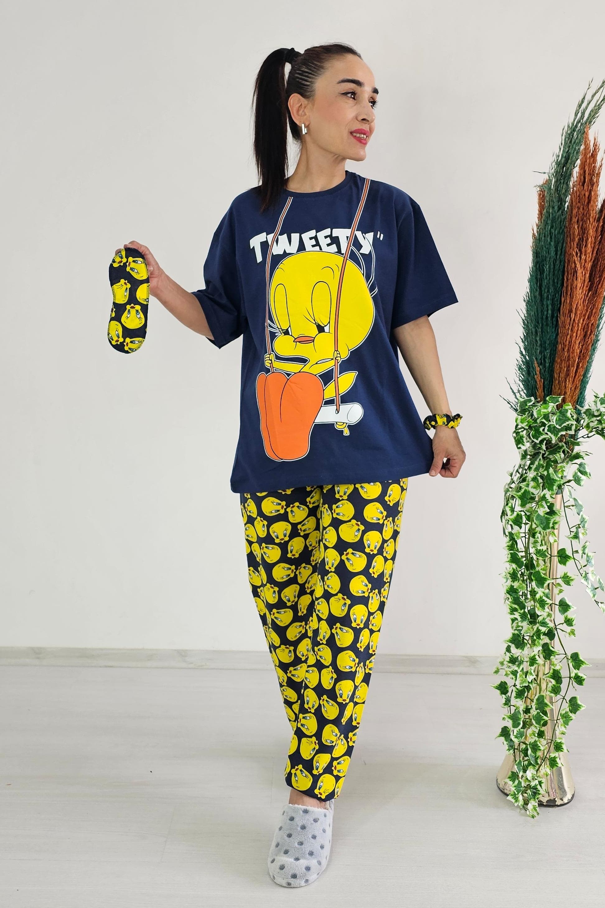 Tweety Geniş Paça Pijama Takımı - Lacivert