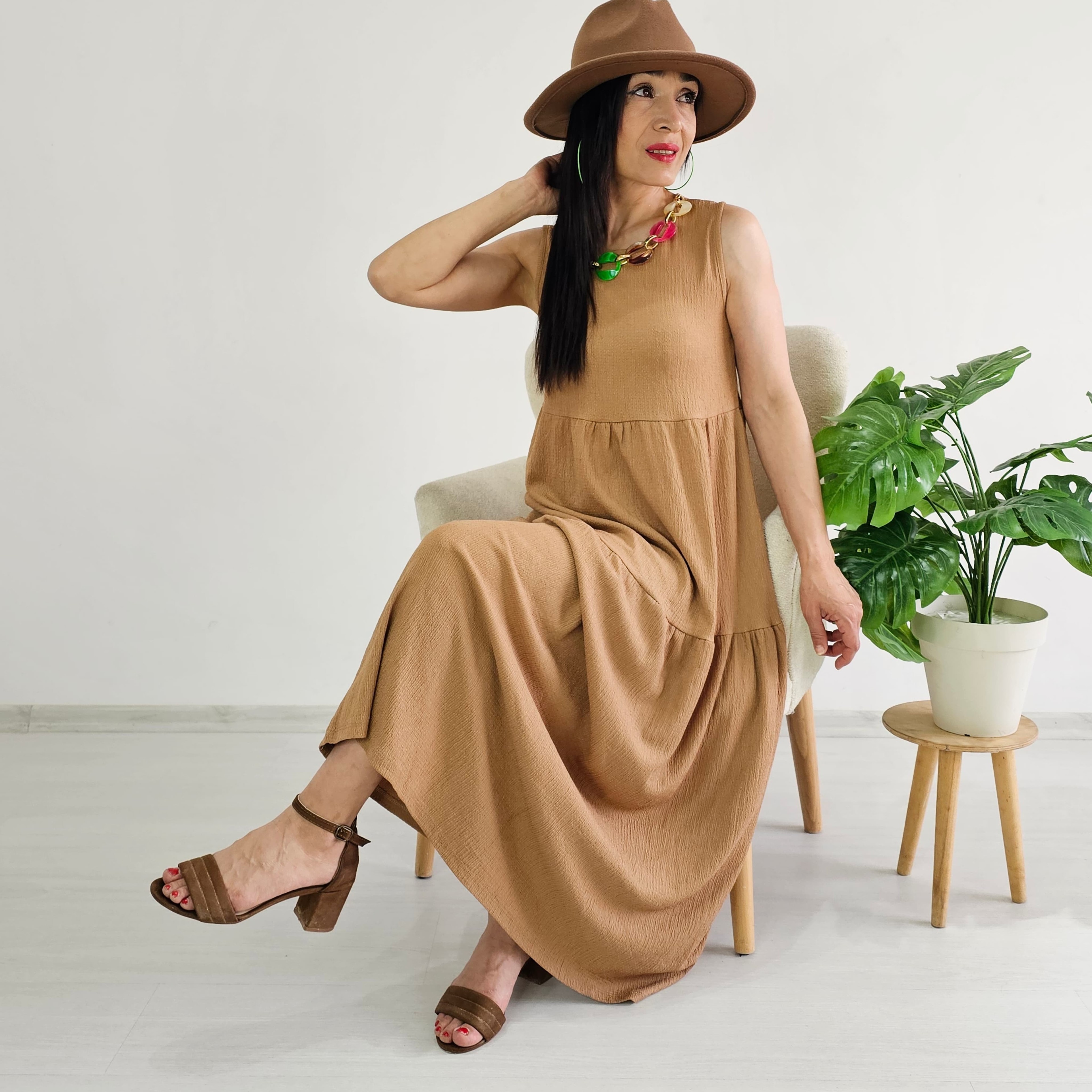 Kolyeli Bürümcek Elbise - CAMEL