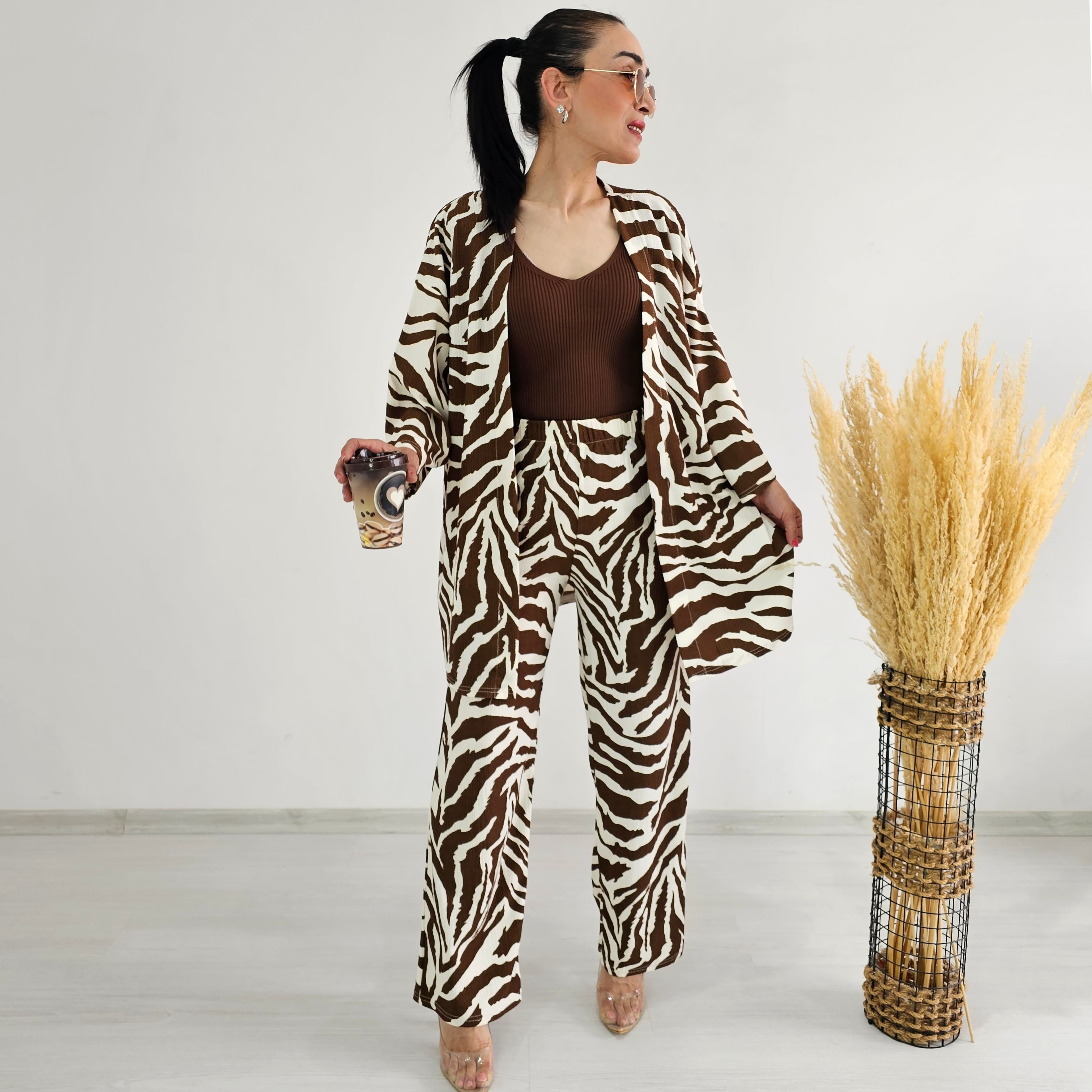 Tam bel Zebra Desen Kimono Takımı - KAHVERENGİ