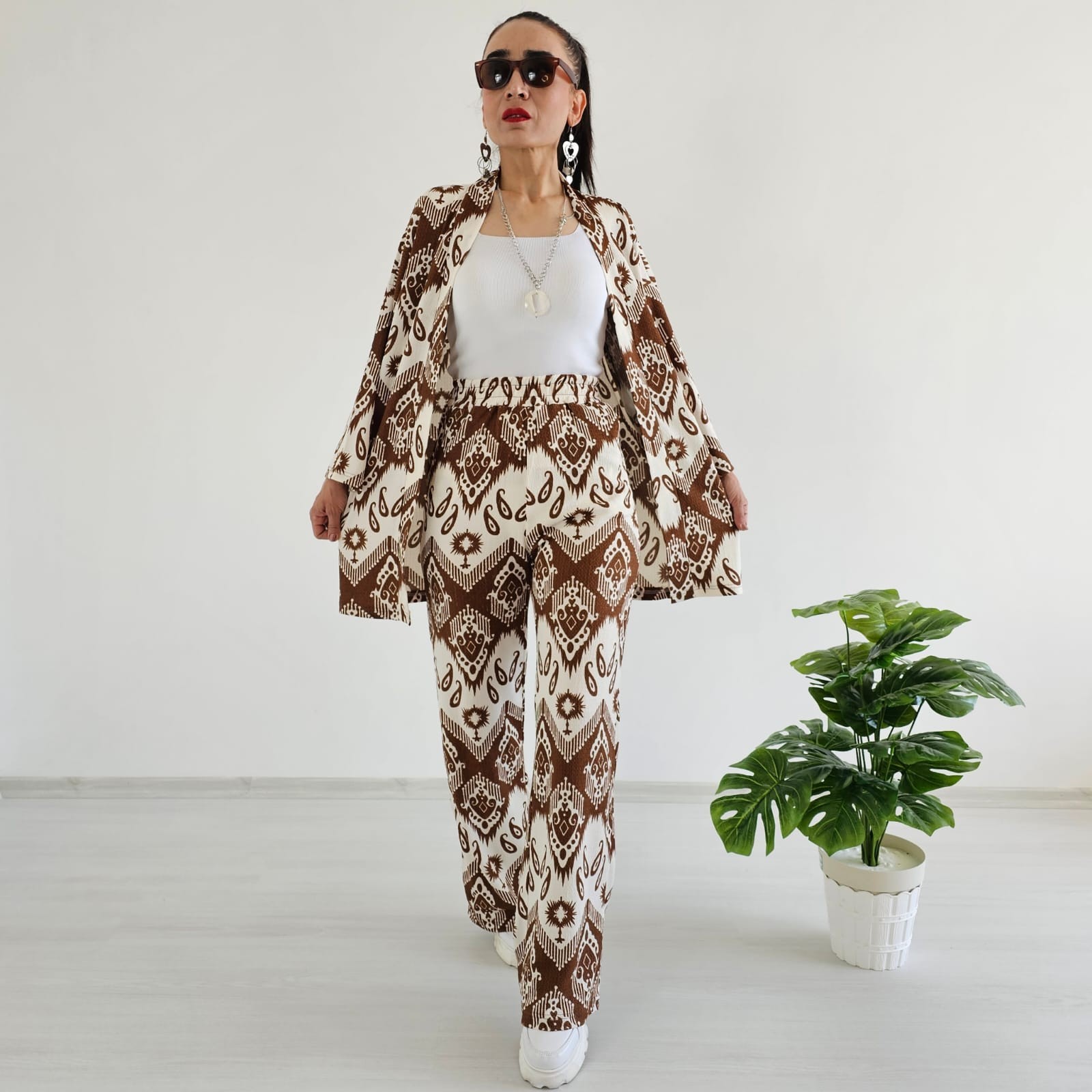 Trend Desenli Kimono Takımı - KAHVERENGİ