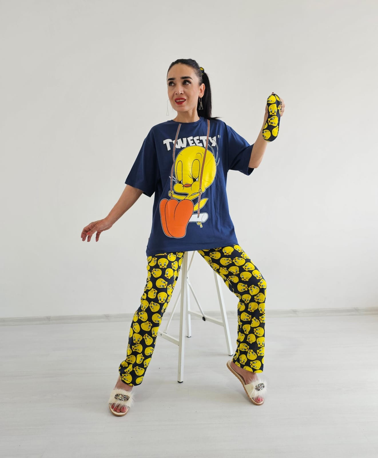 Tweety Geniş Paça Pijama Takımı - Lacivert