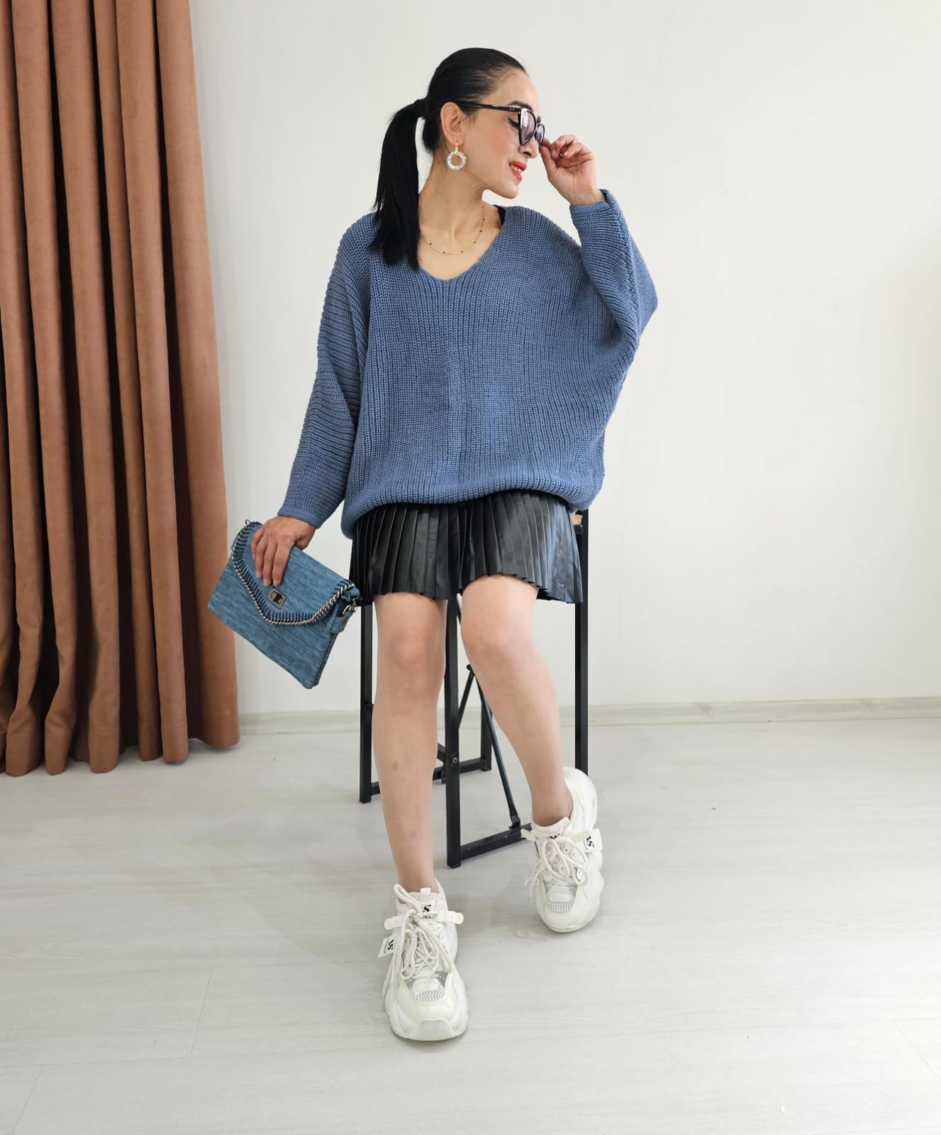 Yarasa Kol Örme Kazak - Mavi