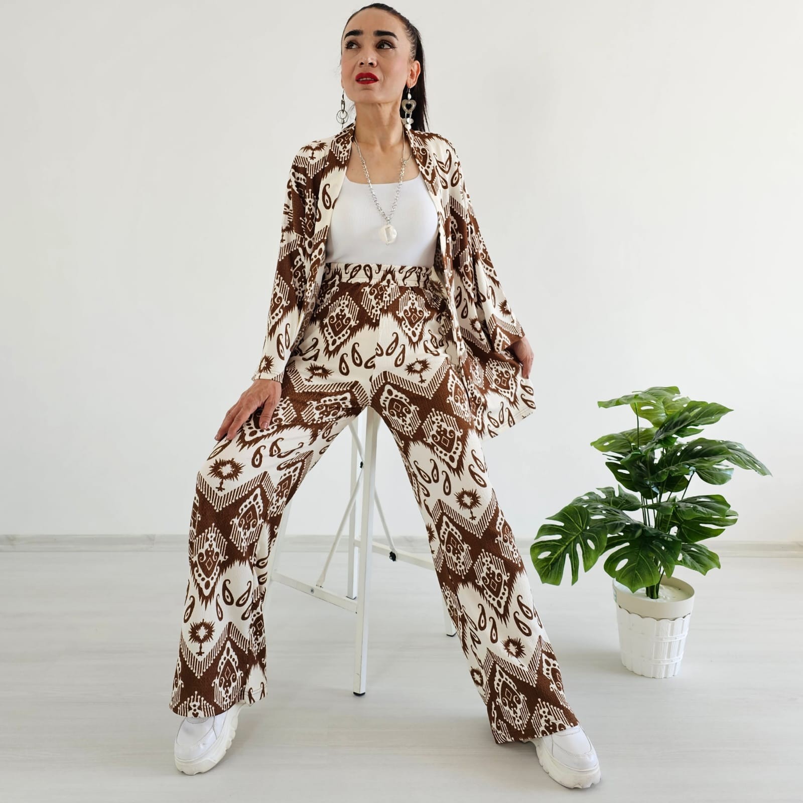 Trend Desenli Kimono Takımı - KAHVERENGİ
