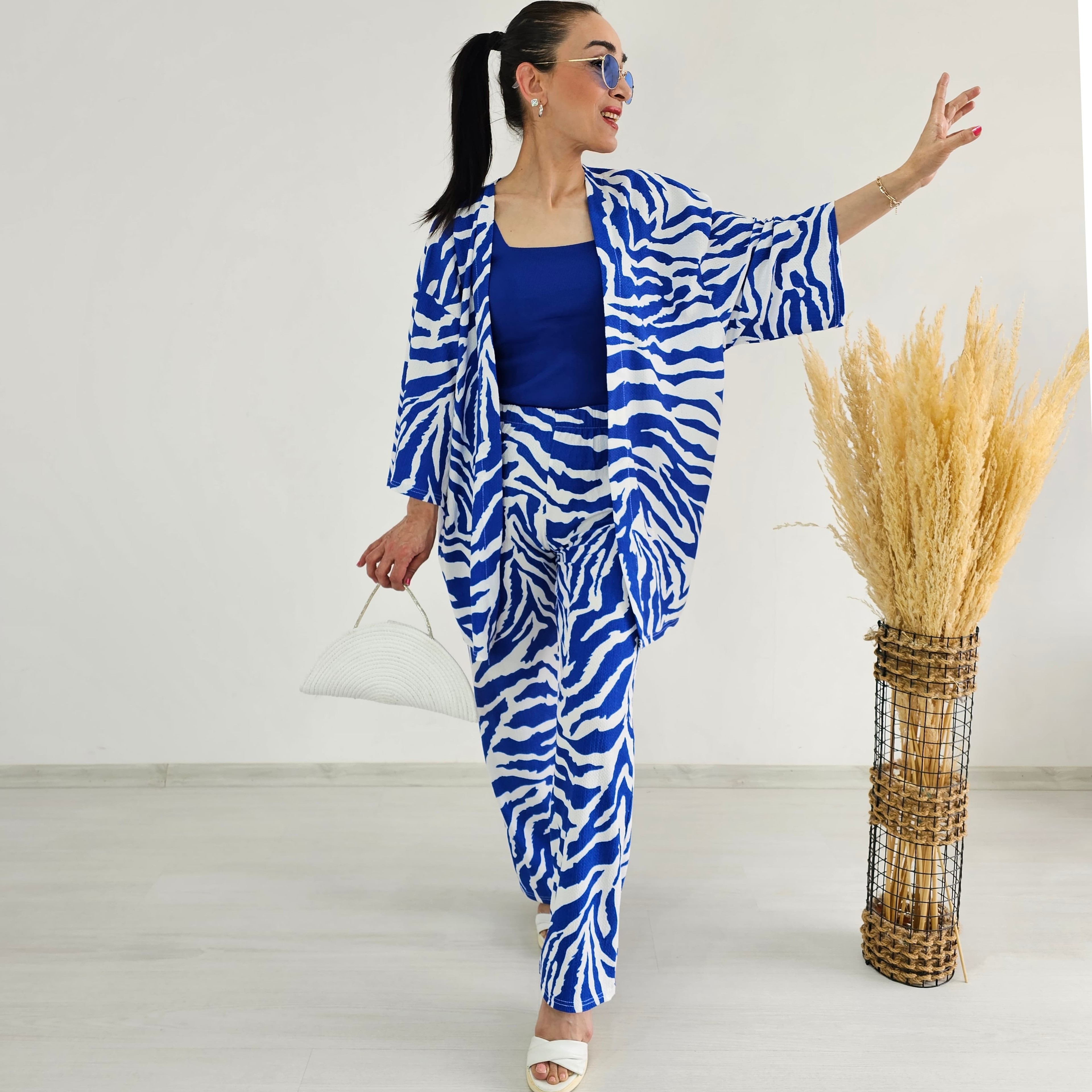 Tam bel Zebra Desen Kimono Takımı - Mavi