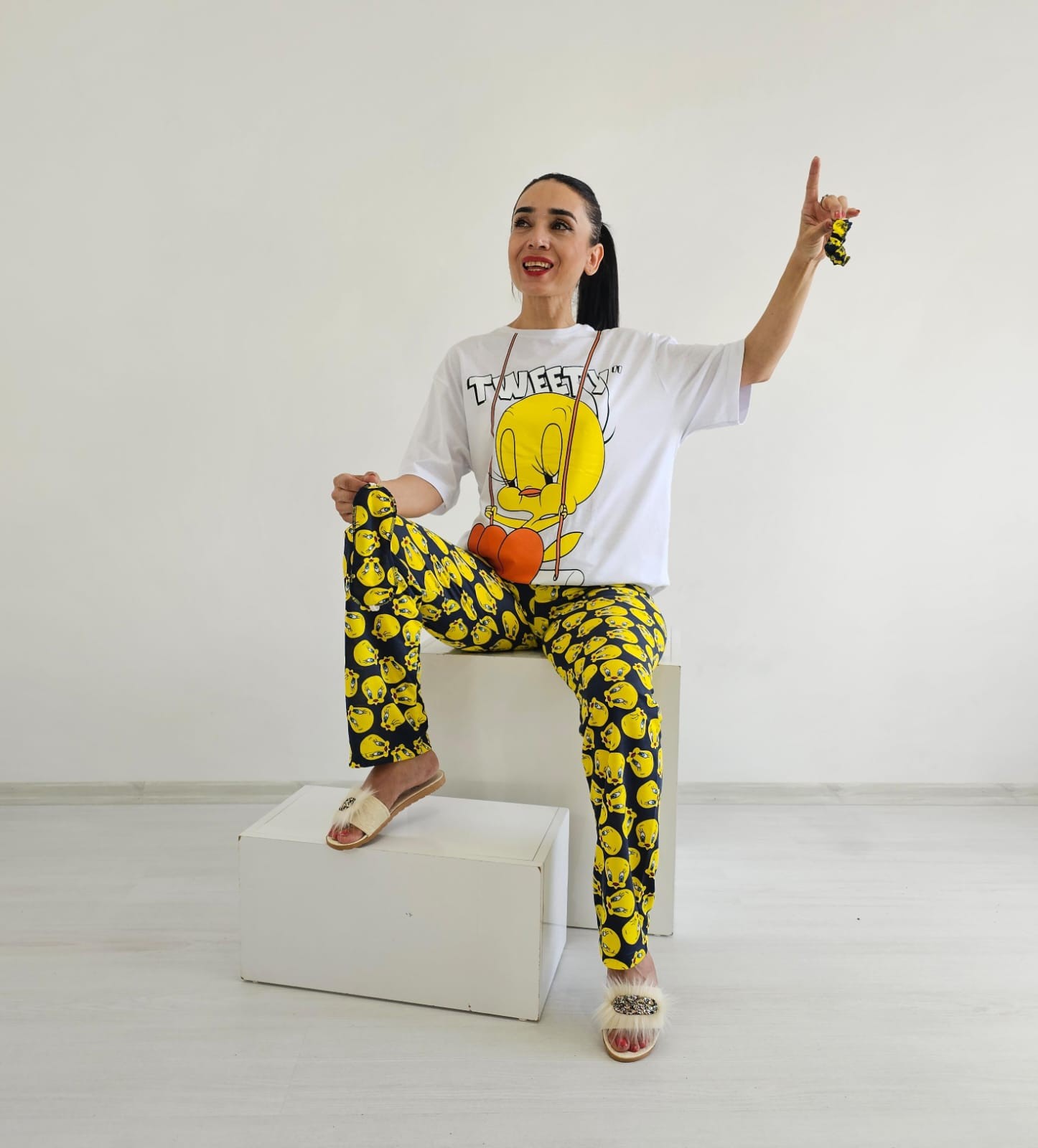 Tweety Geniş Paça Pijama Takımı - BEYAZ