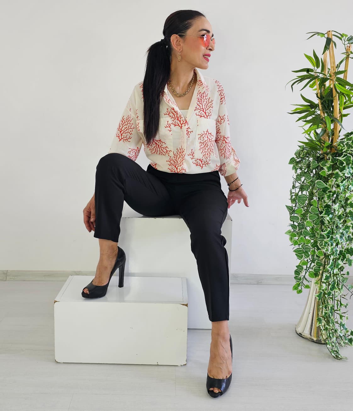 Yaprak Desen Gömlek - Pembe