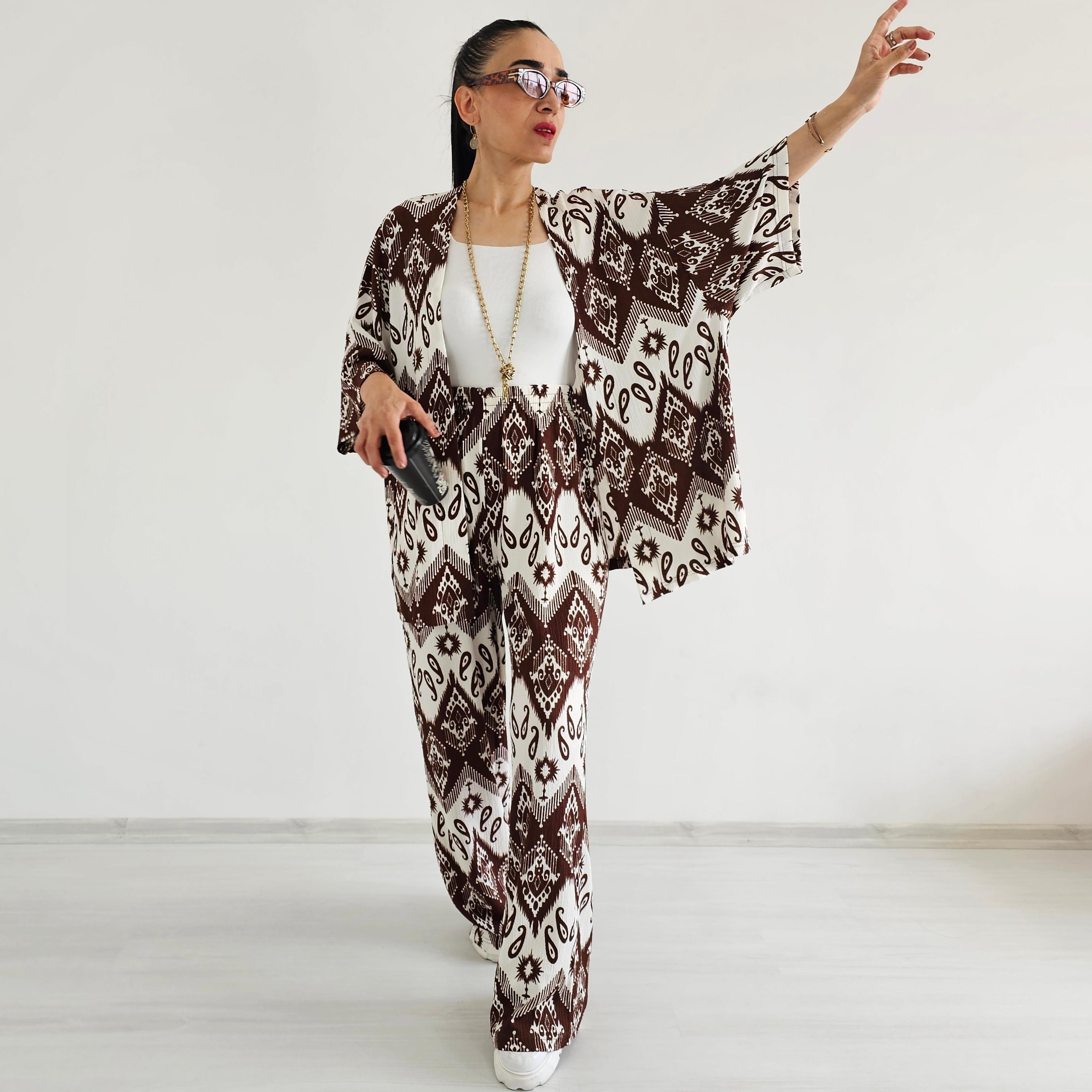 Desenli Kimono Takımı - KAHVERENGİ