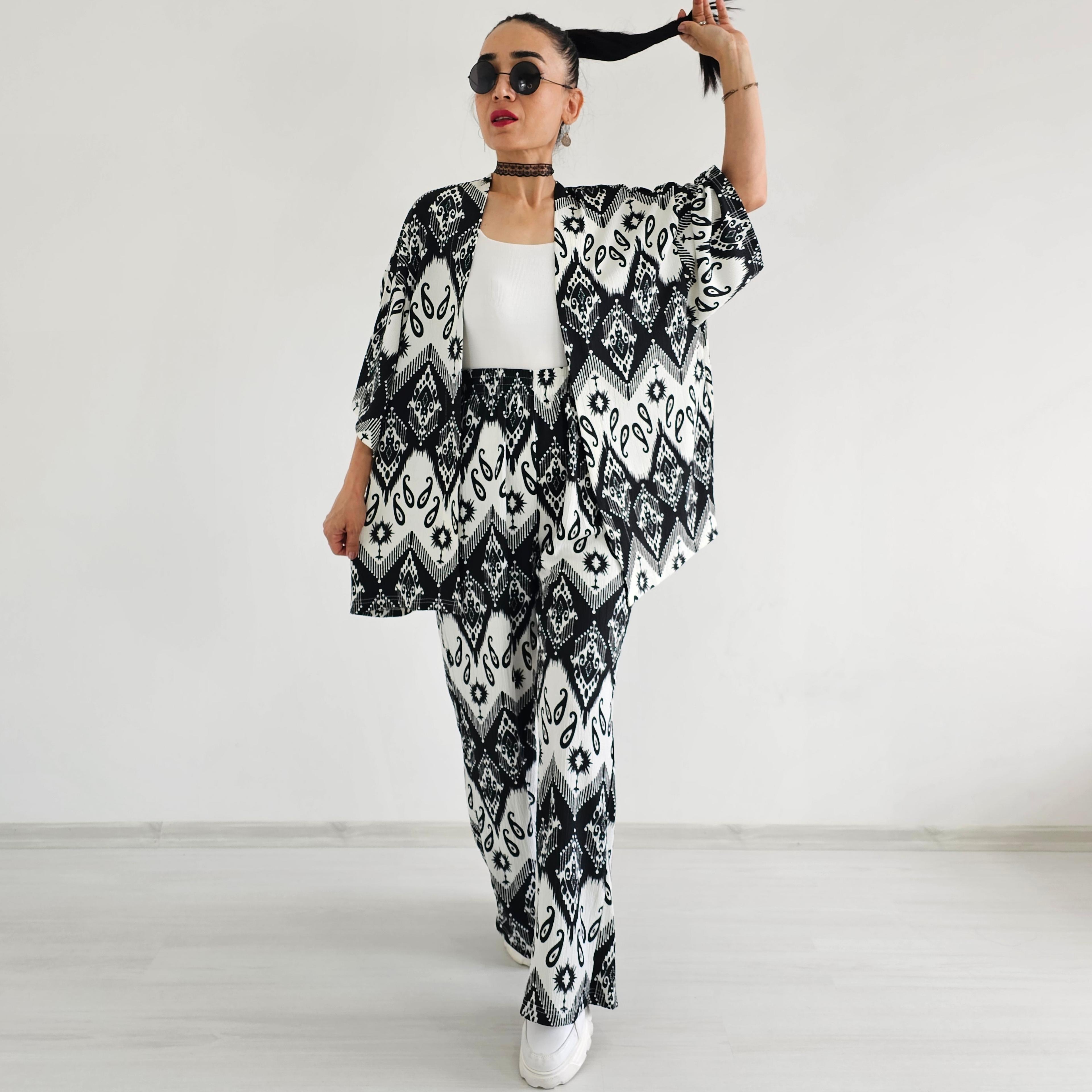 Desenli Kimono Takımı - SİYAH