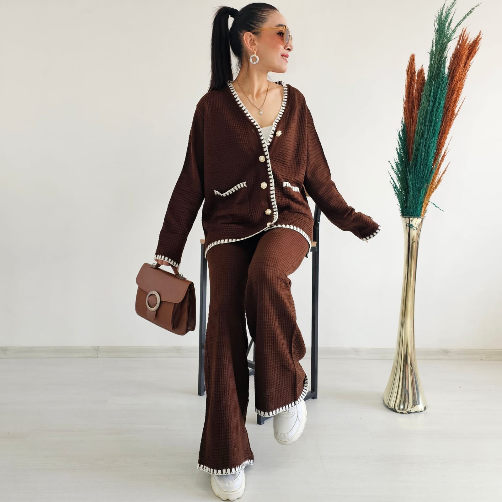 İşlemeli Kroşetalı İkili Cotton Takım - KAHVERENGİ