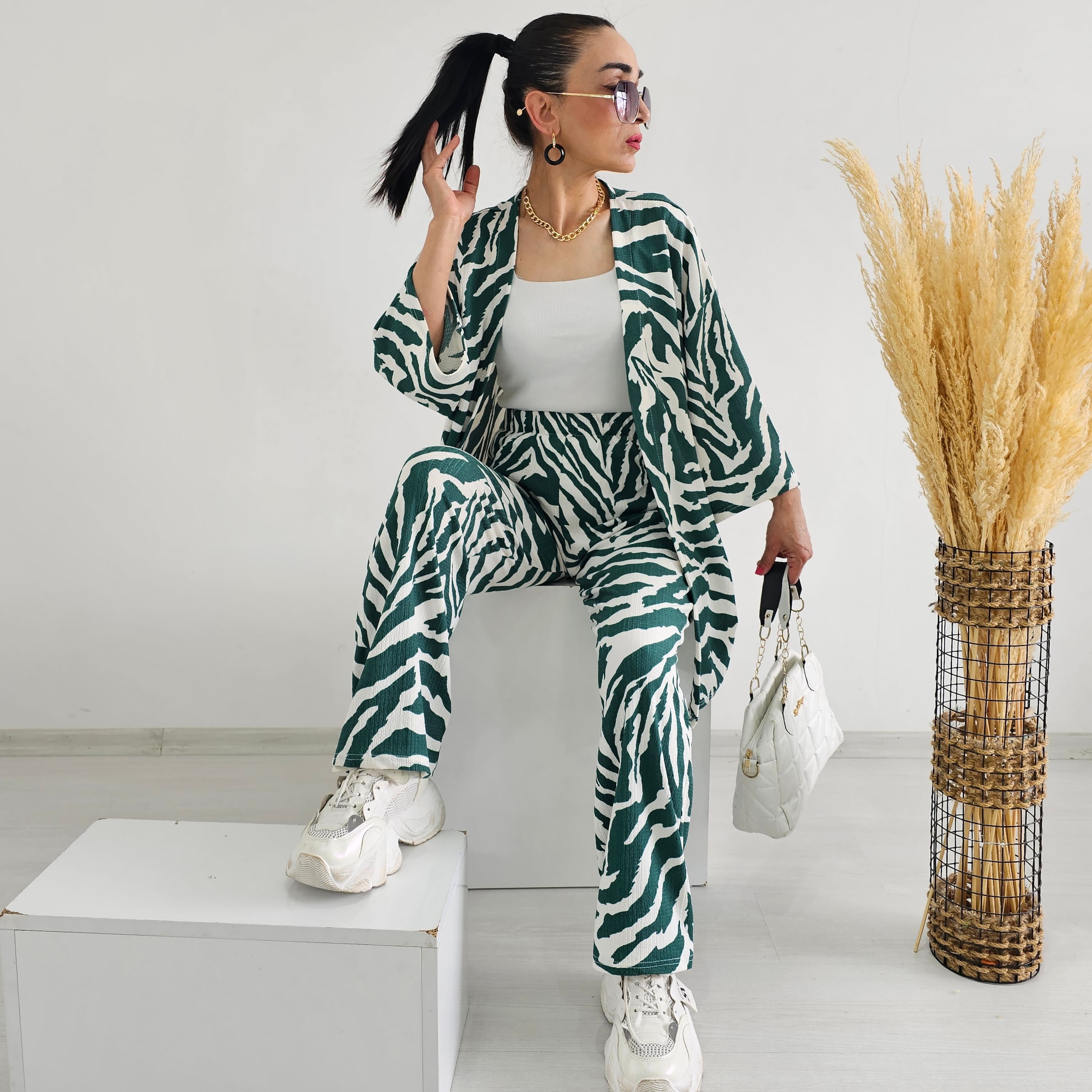 Tam bel Zebra Desen Kimono Takımı - YEŞİL