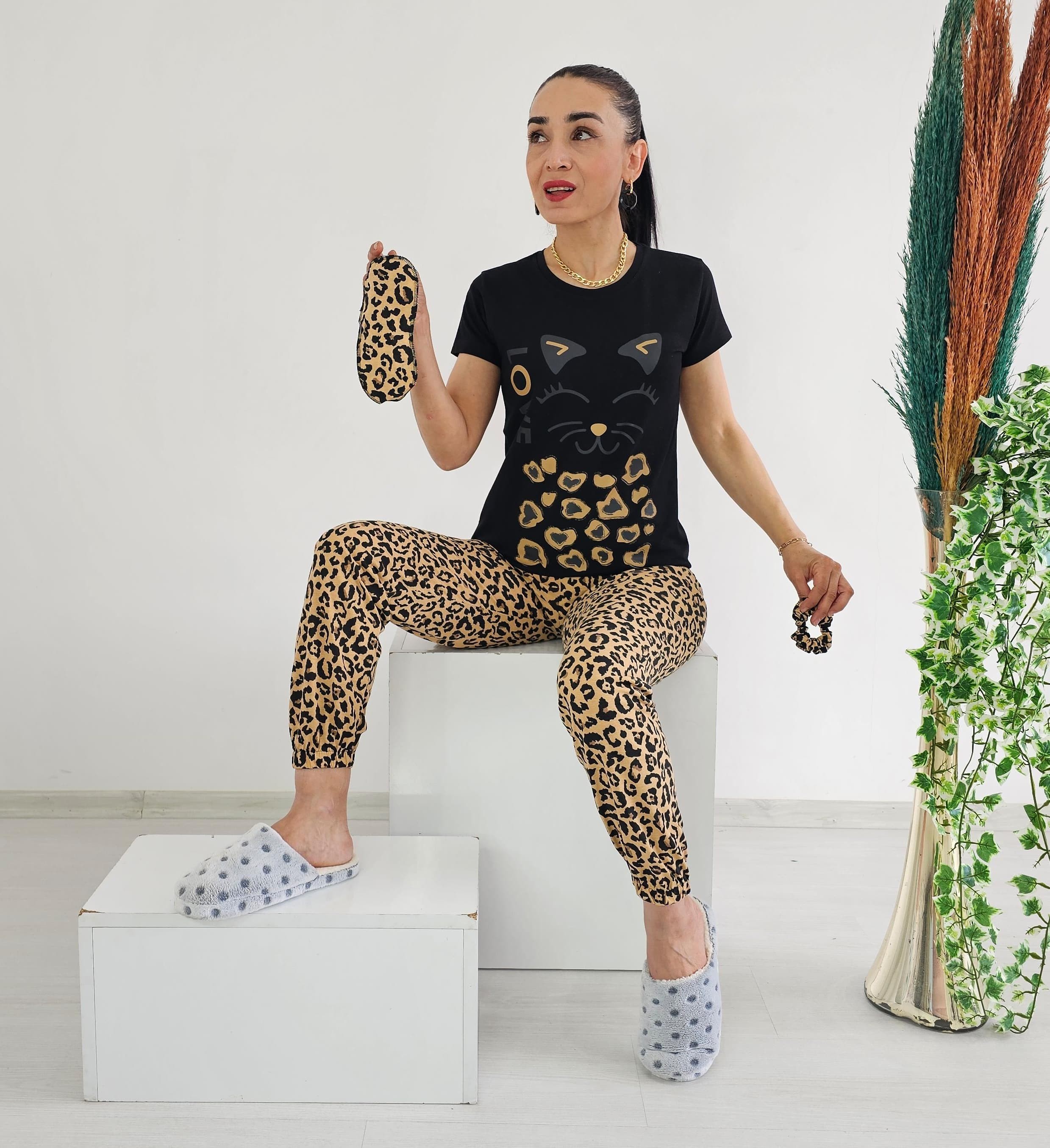 Leopar Pijama Takımı - SİYAH