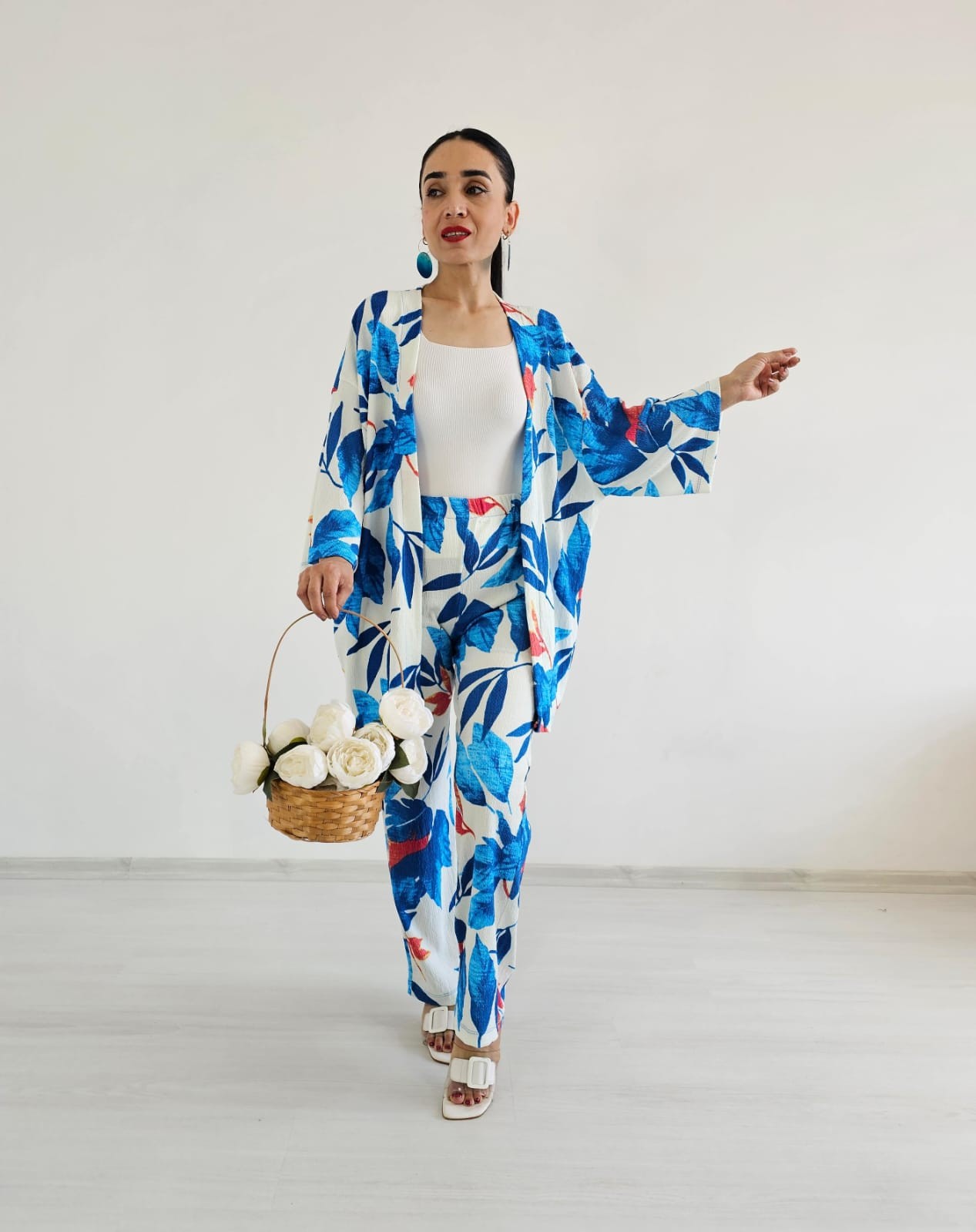 Zulaa Büyük Yaprak Desenli Kimono Takımı - Mavi