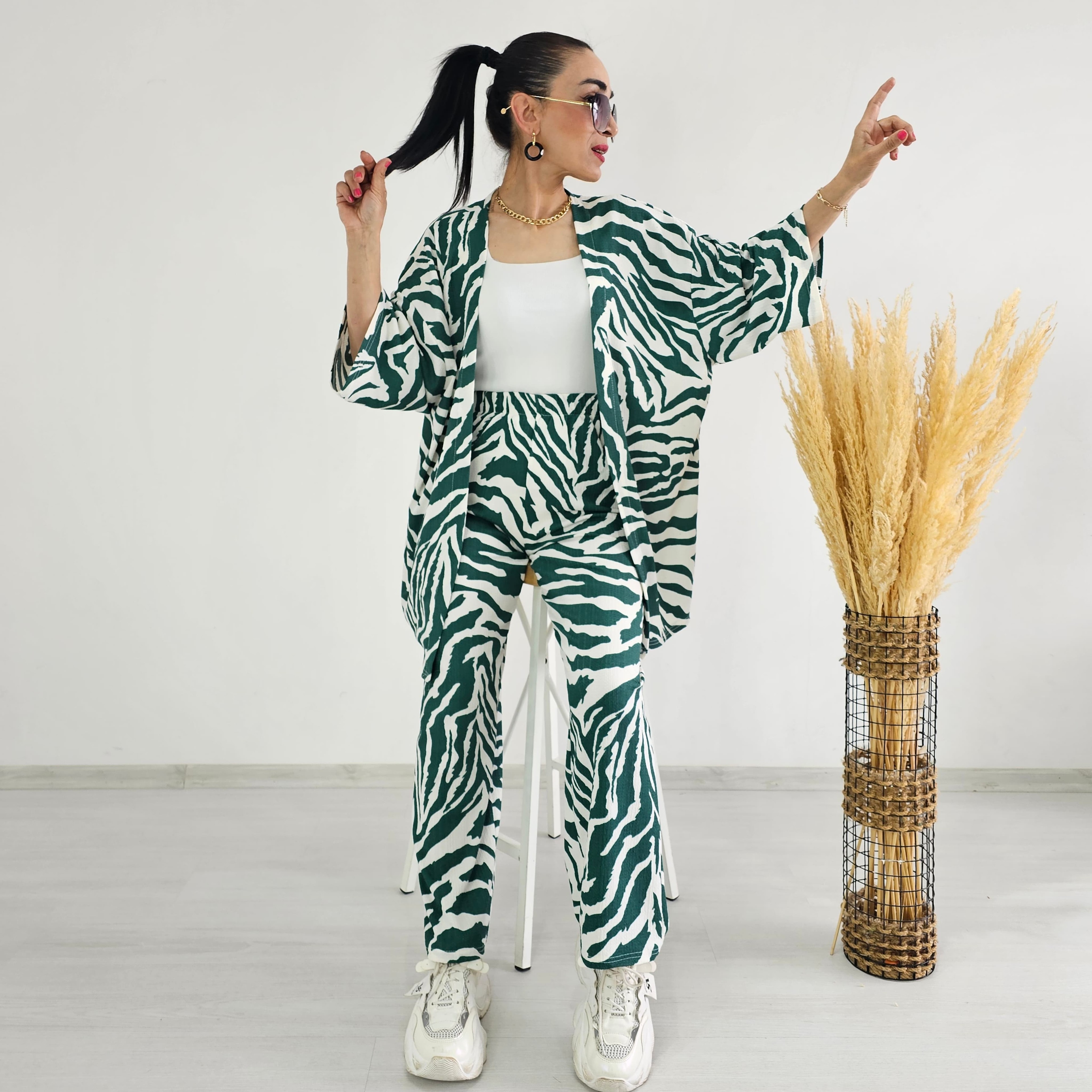 Tam bel Zebra Desen Kimono Takımı