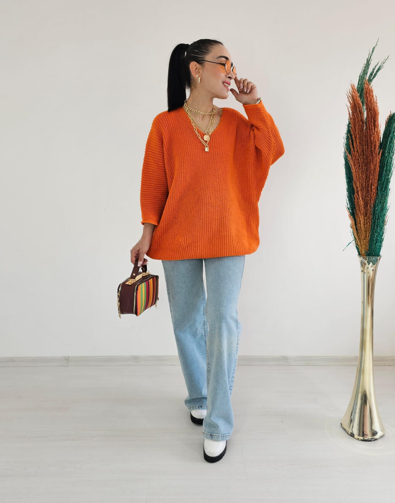 Yarasa Kol Örme Kazak - TURUNCU