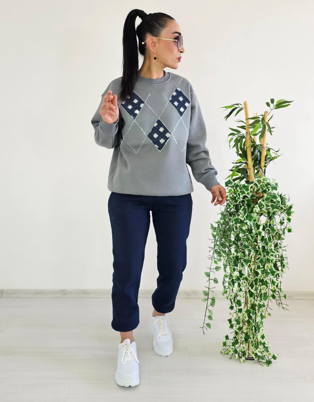 Baklava Desen 3 İp Şardonlu Eşofman Takım - GRİ