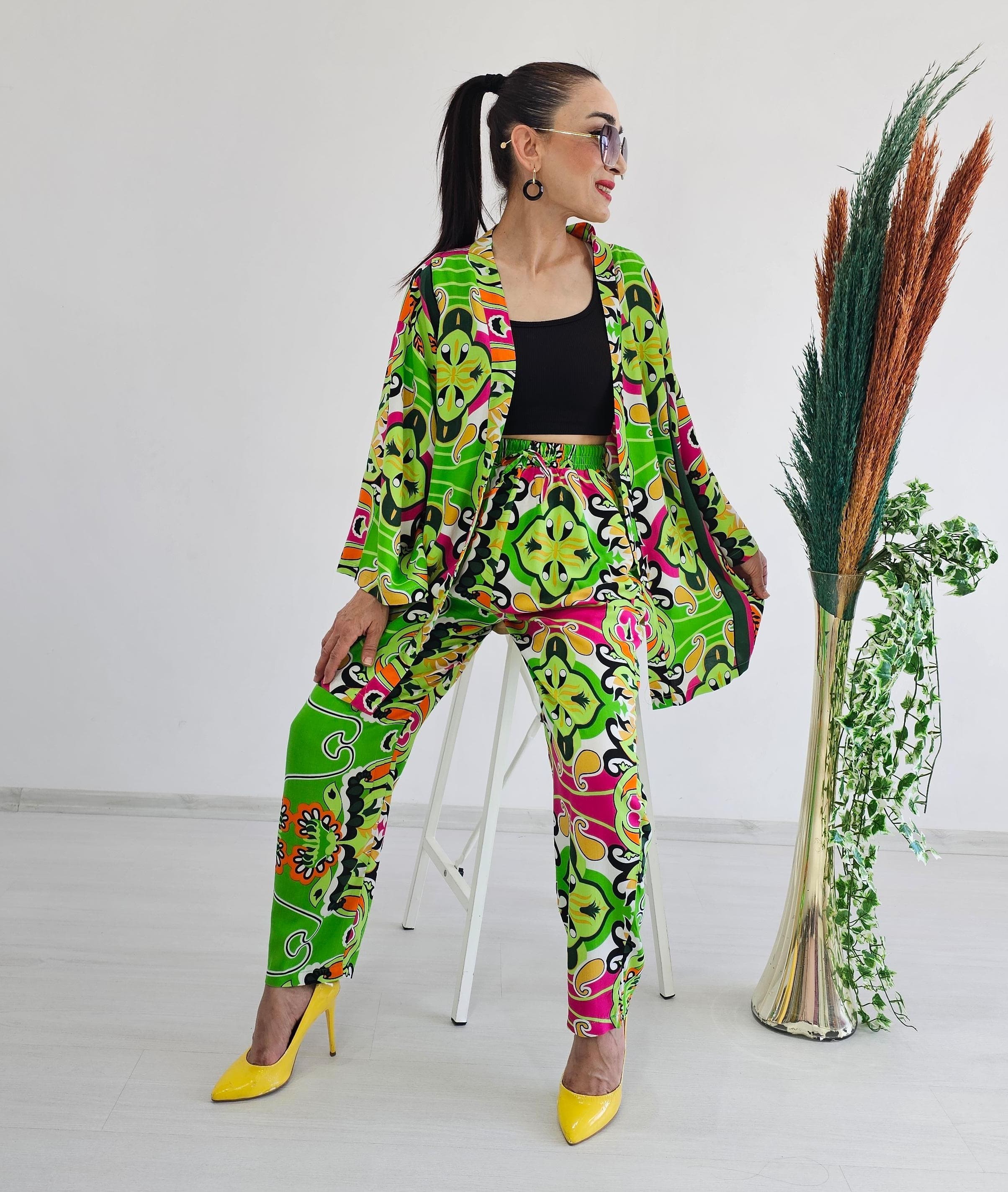 New Etnik Desen Havuç Kimono Takımı