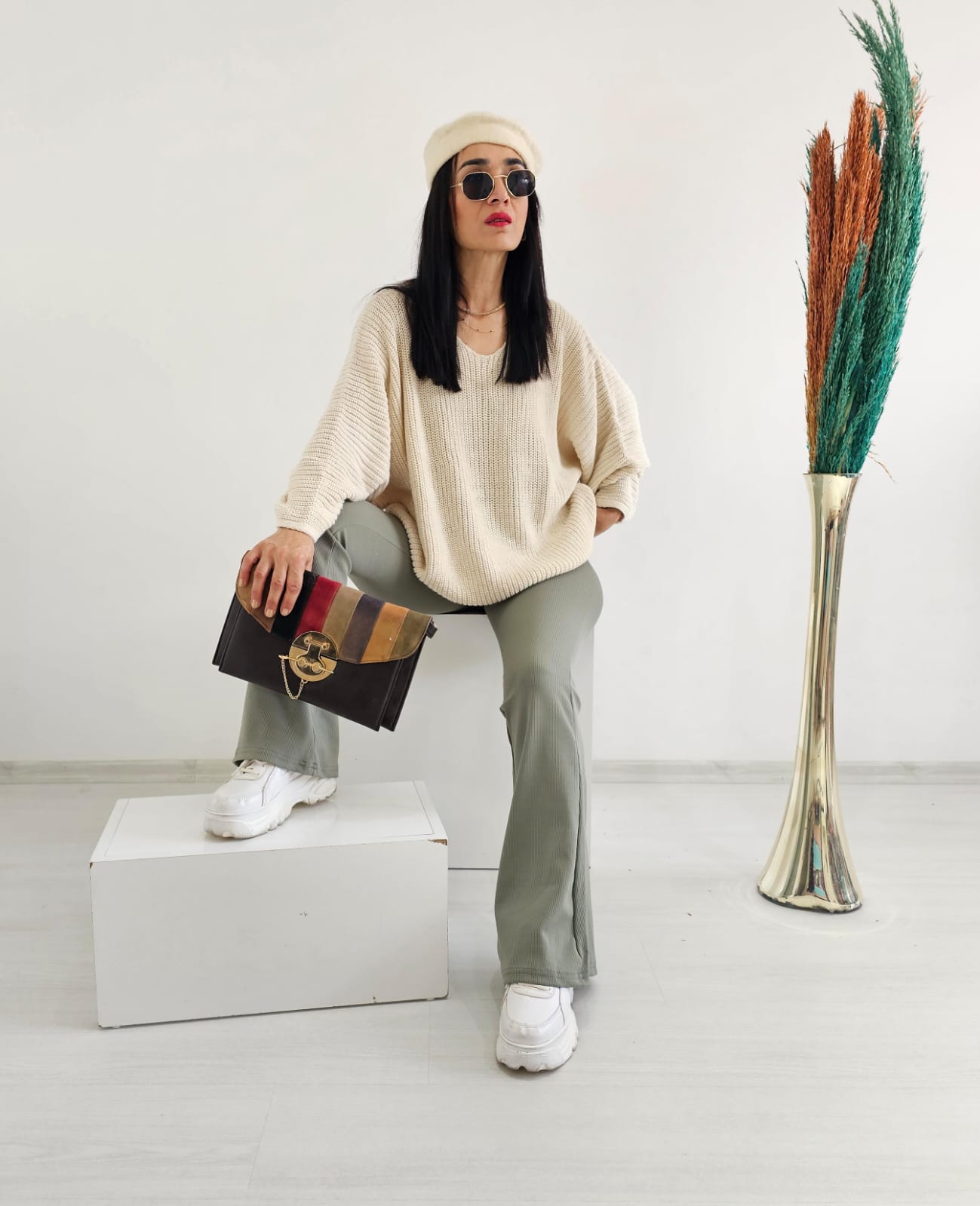 Yarasa Kol Örme Kazak - Krem