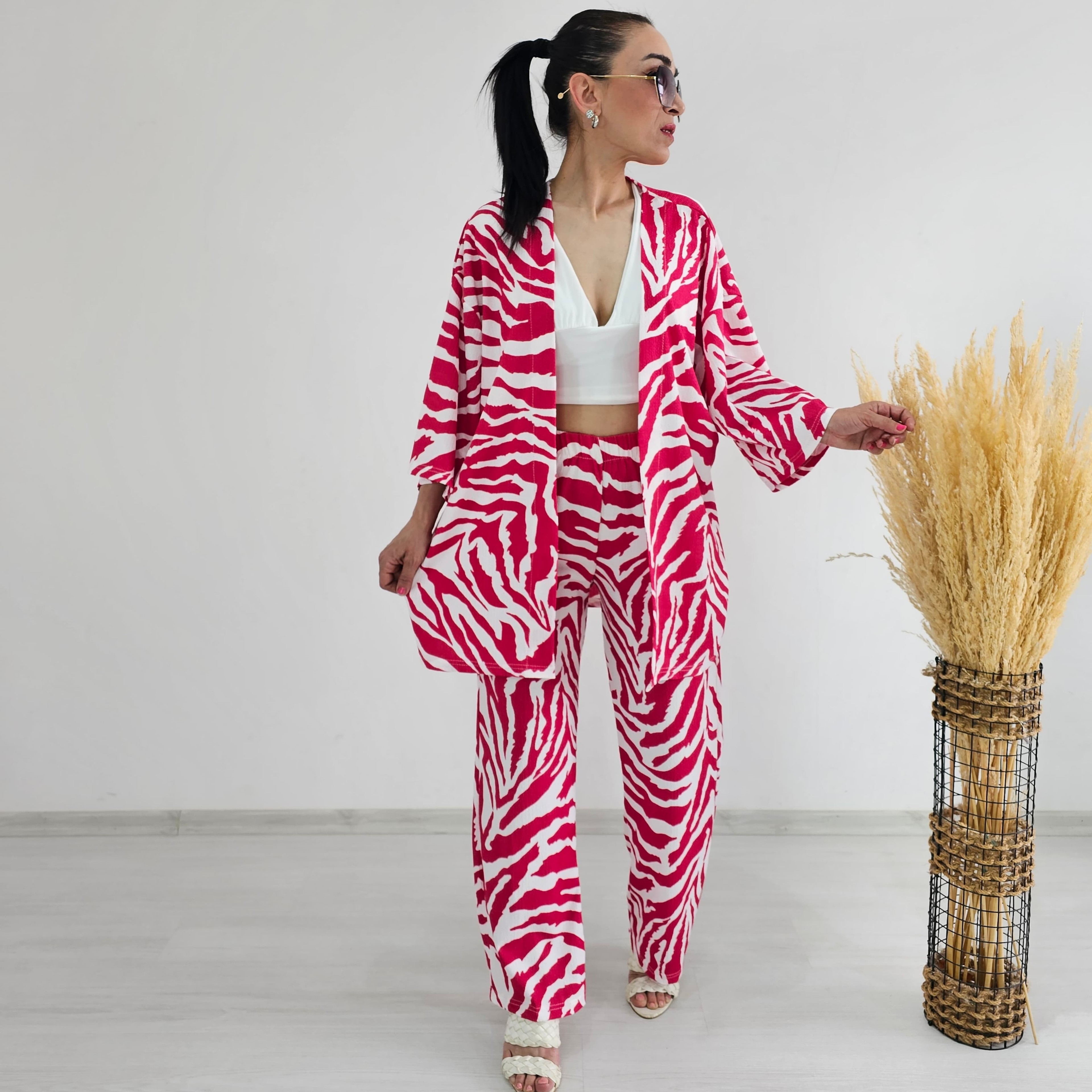 Tam bel Zebra Desen Kimono Takımı - FUŞYA