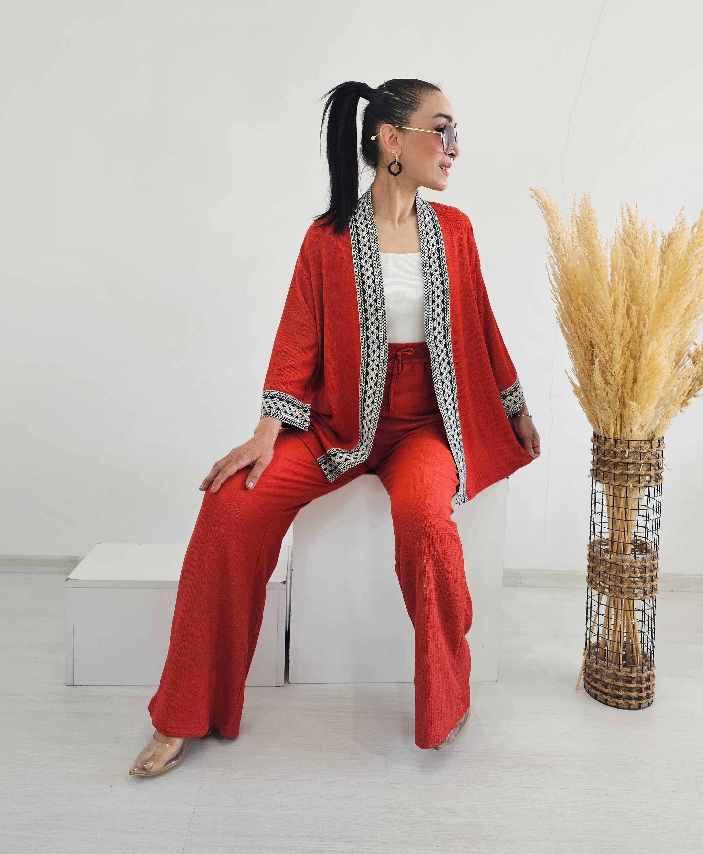 Nakışlı Geniş paça Kimono Takım