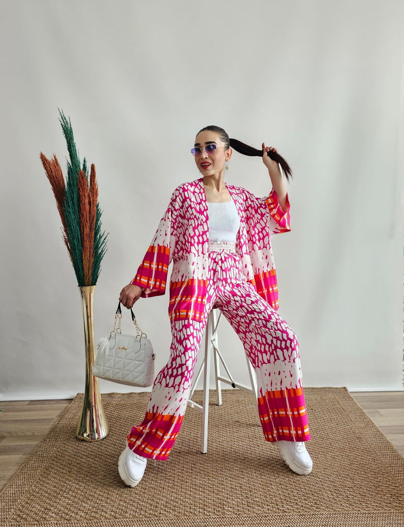 Taş Desen Viskon Kimono Takım - Pembe