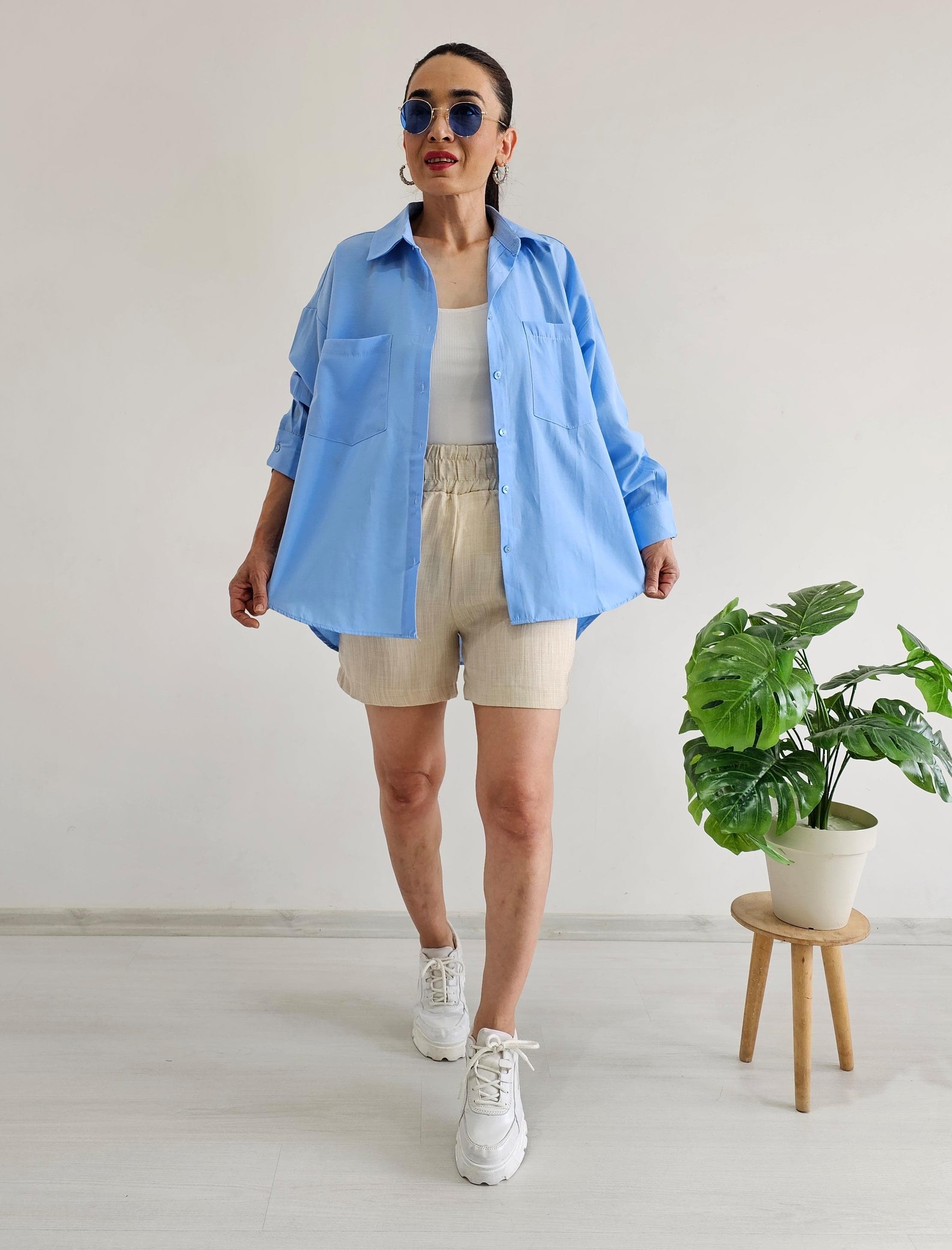 Çift Cepli Oversize Gömlek - Mavi